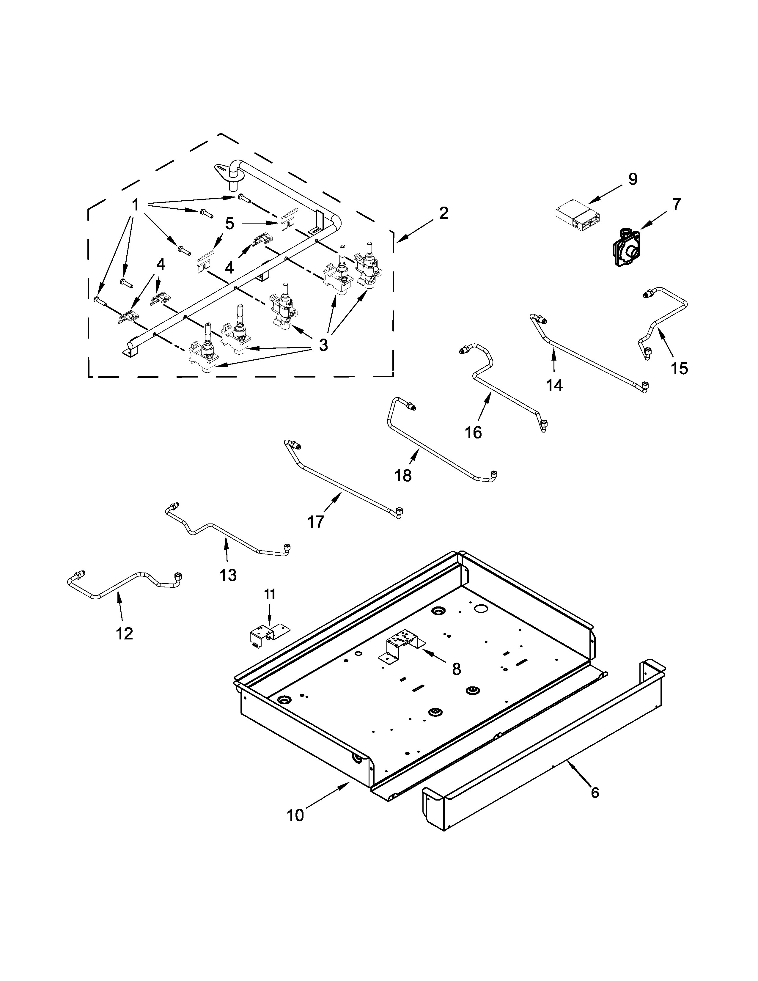 Burner box, gas valves and switch parts