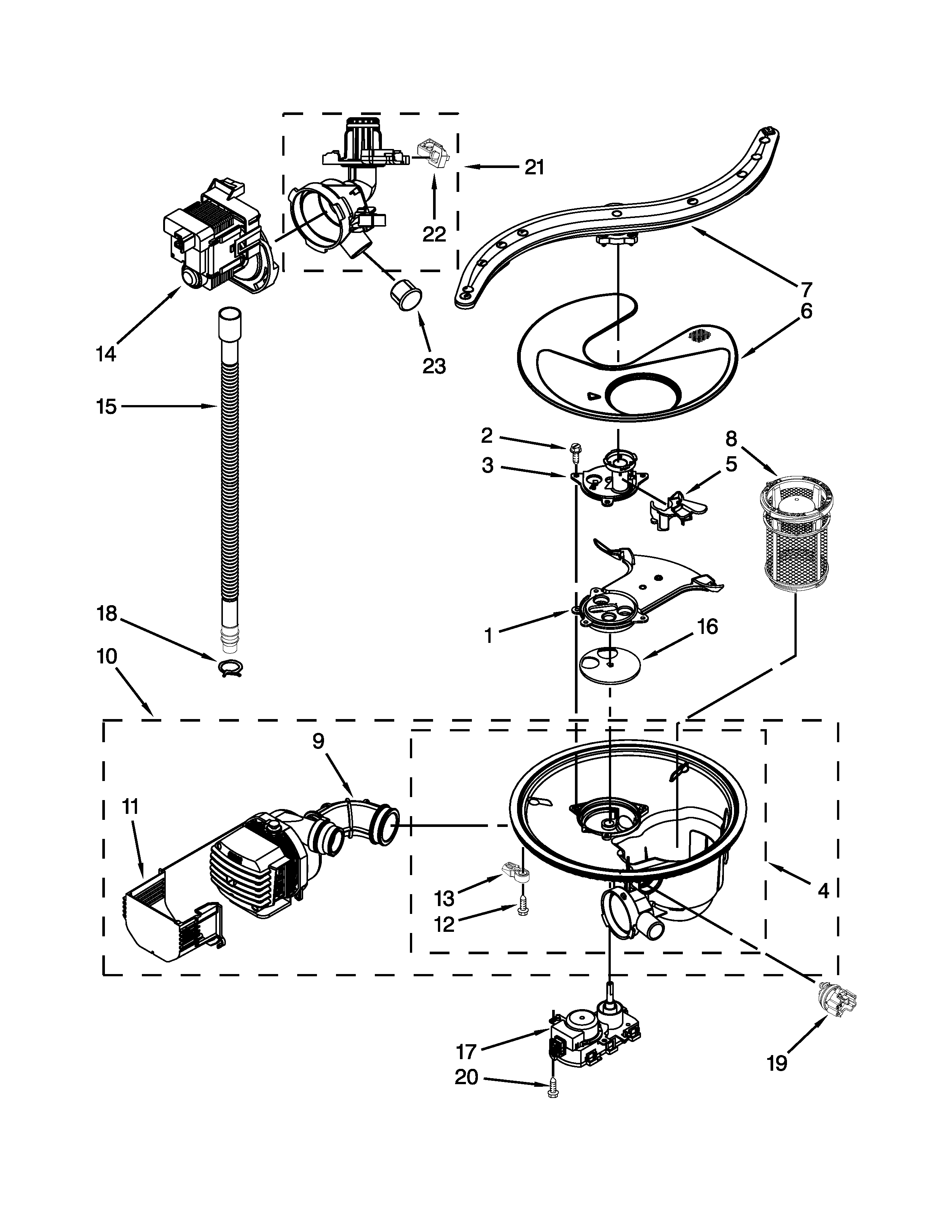 Pump, washarm and motor parts