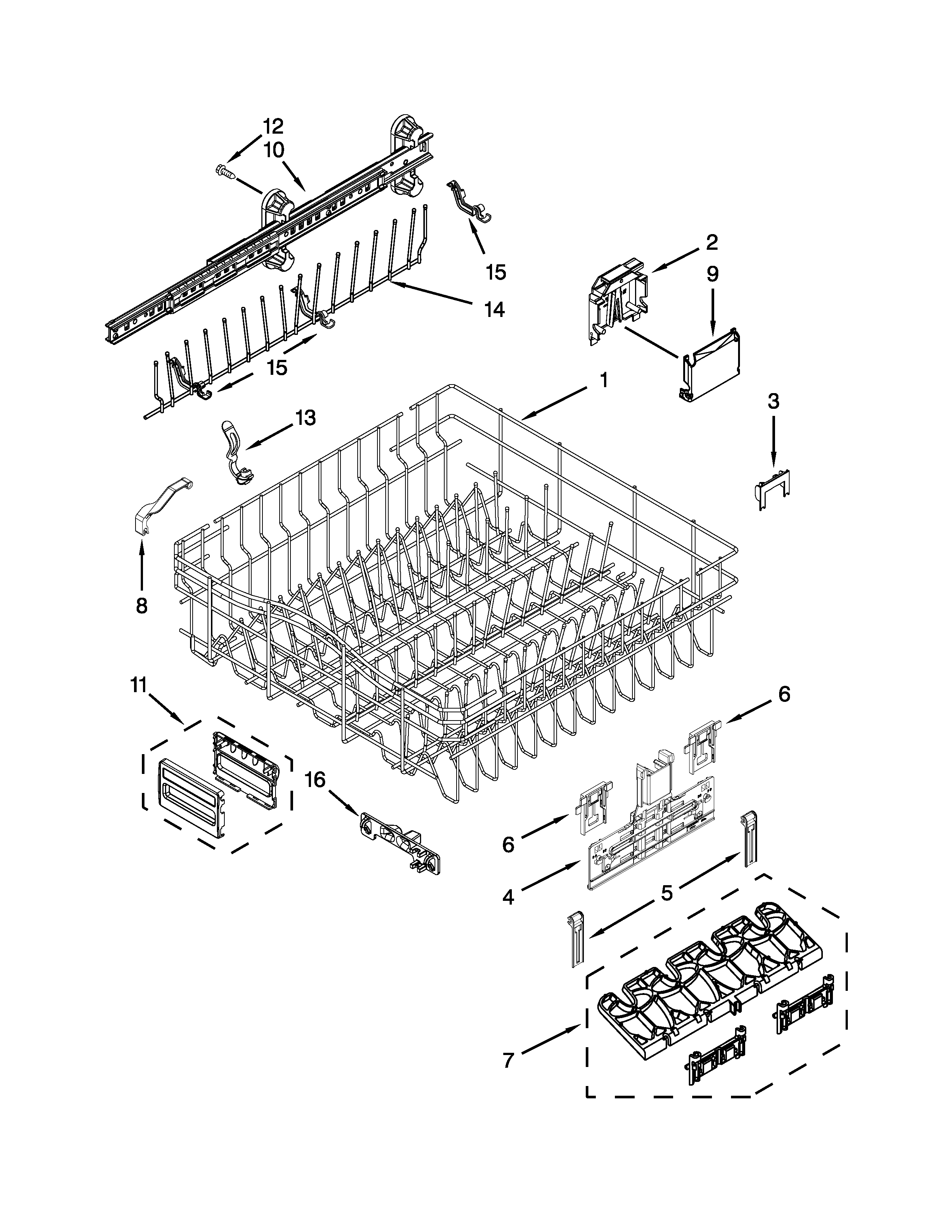Upper rack and track parts