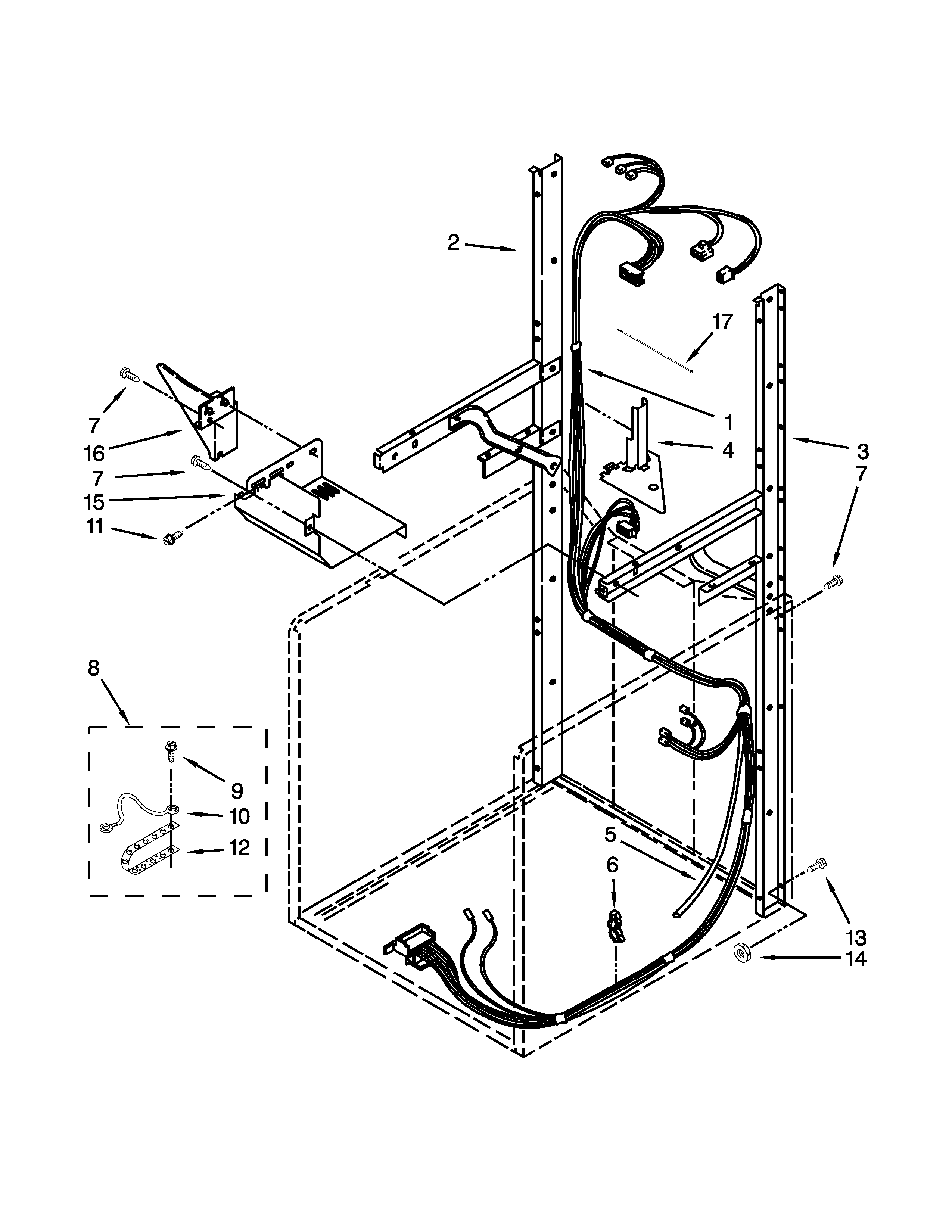 Dryer support and washer harness parts