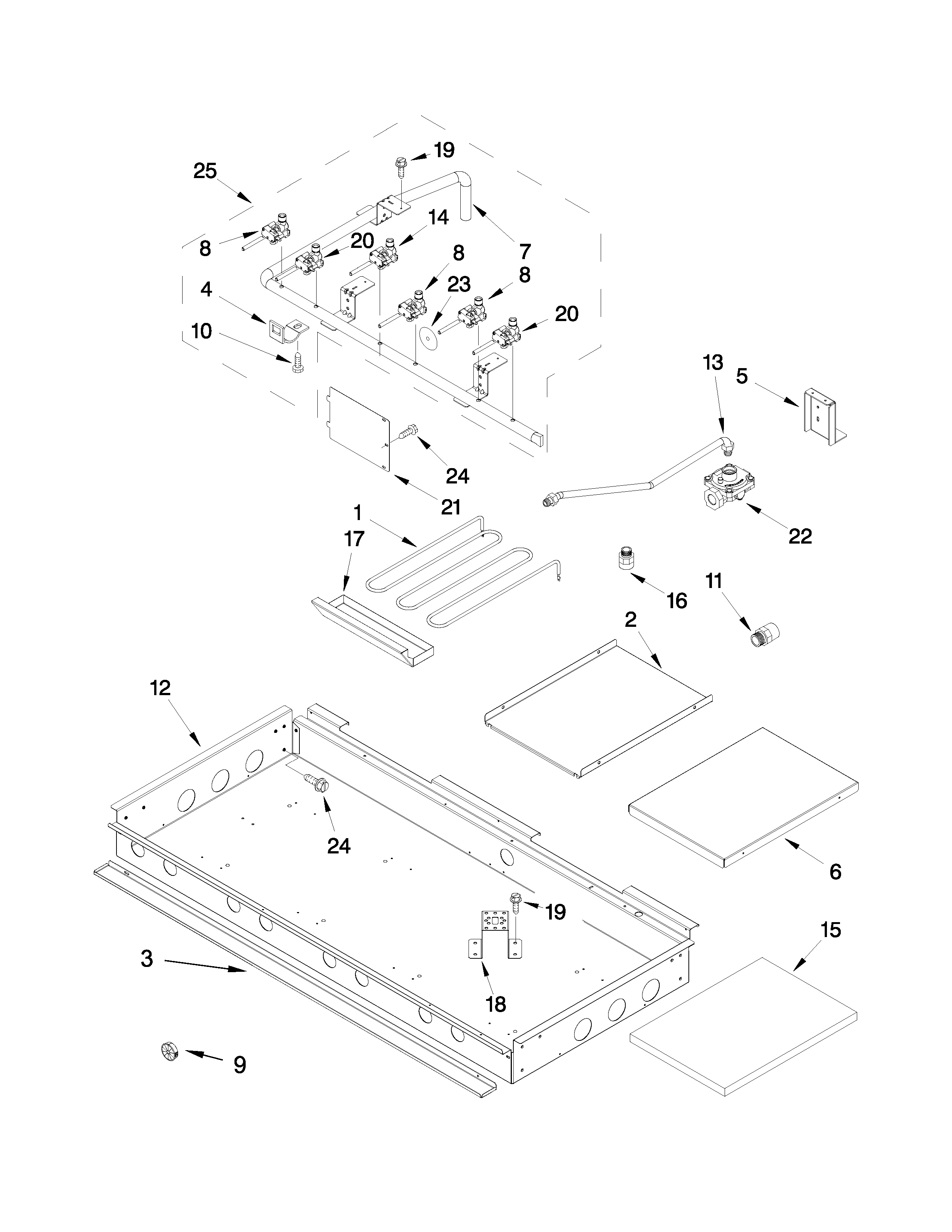 Burner box, gas valves and switch parts