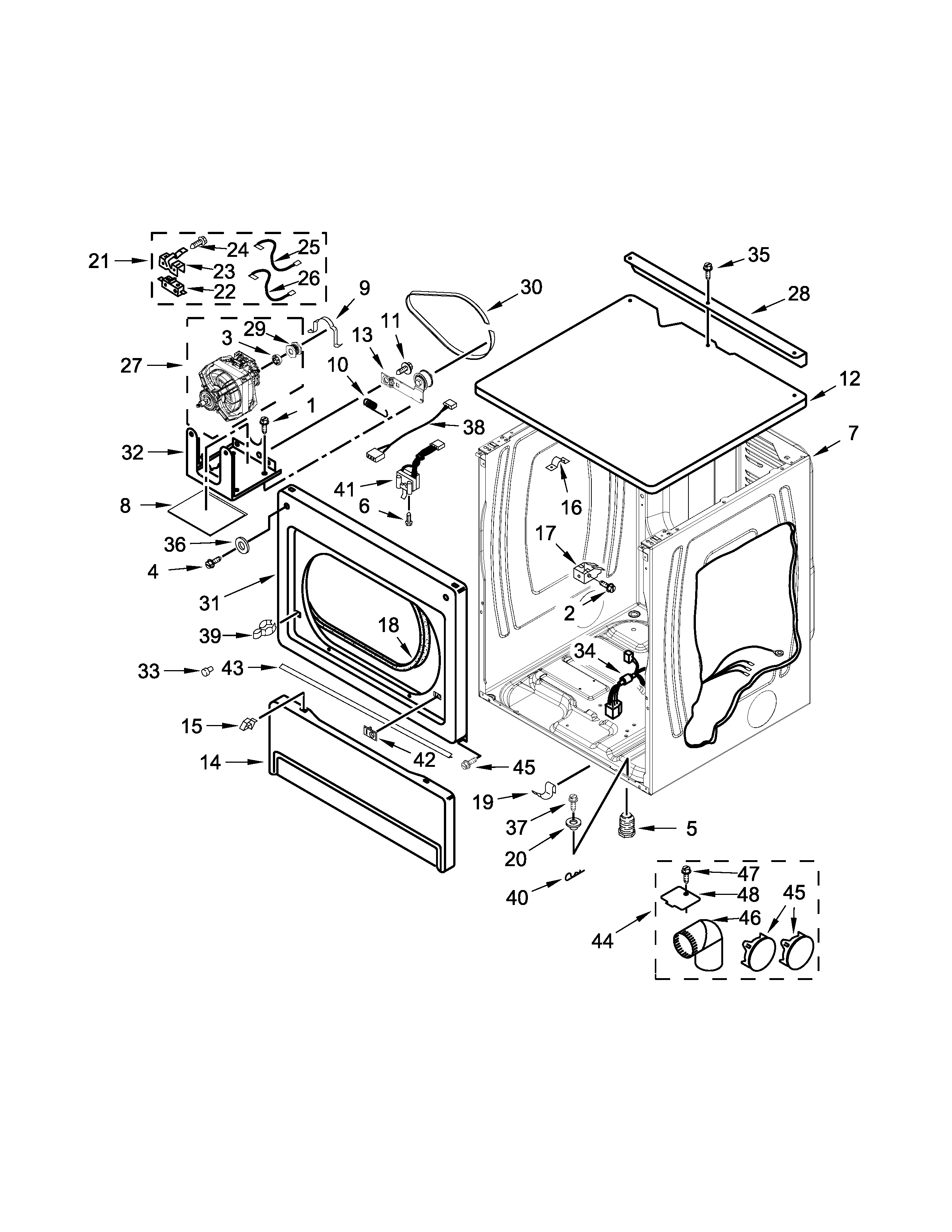 Upper cabinet and front panel parts