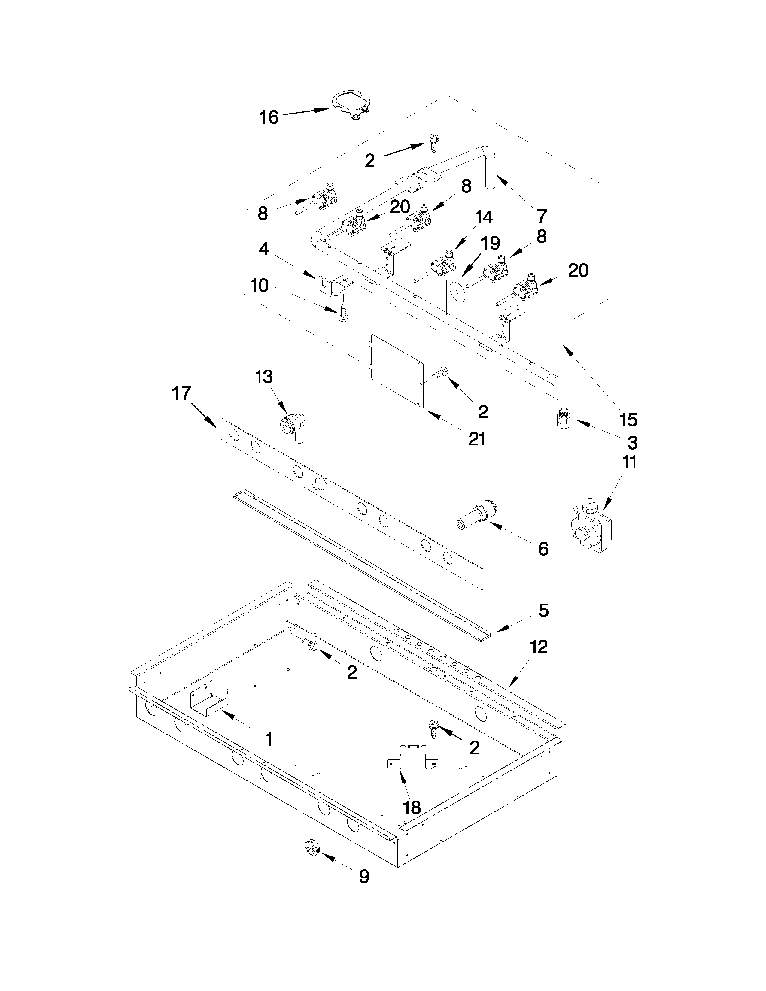 Burner box, gas valves and switch parts