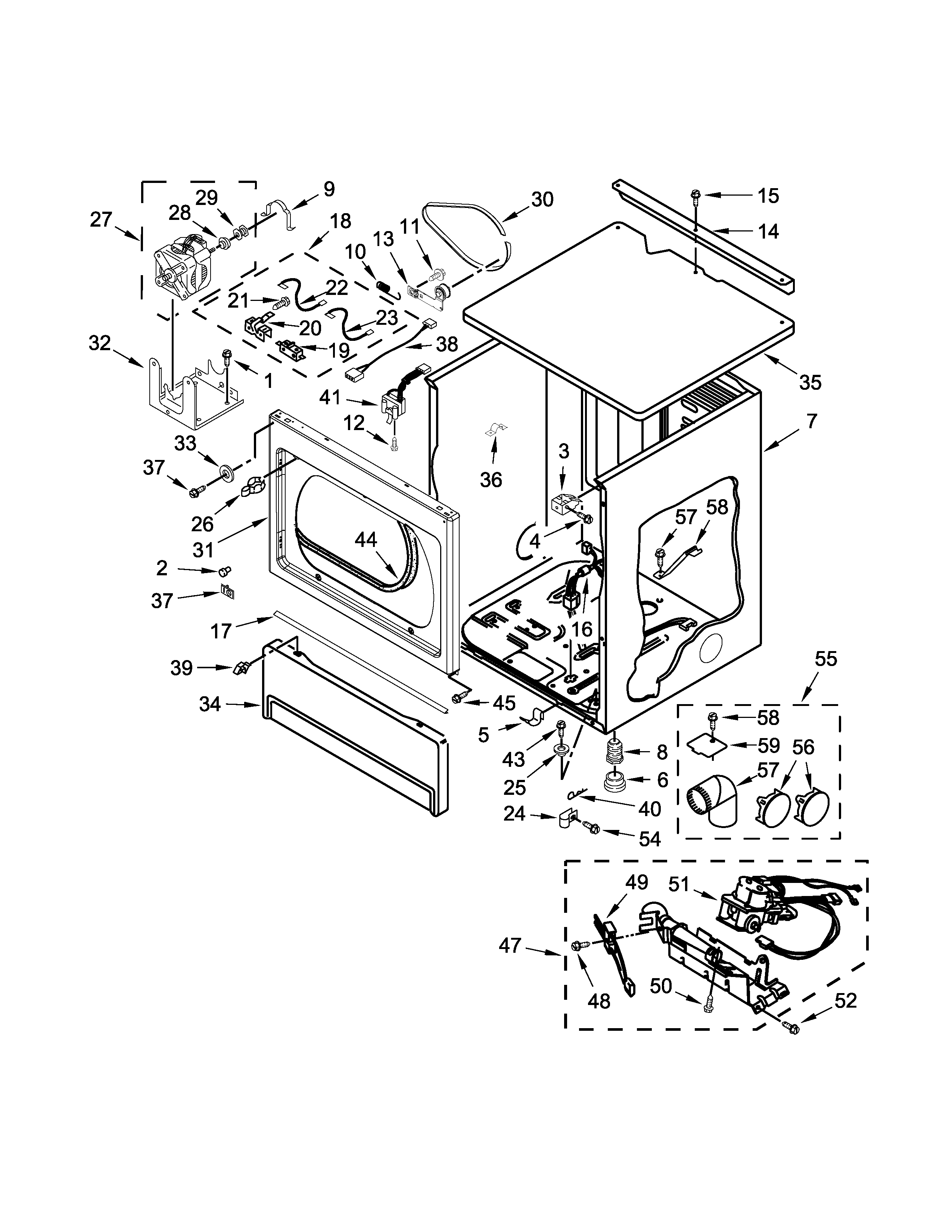 Upper cabinet and front panel parts