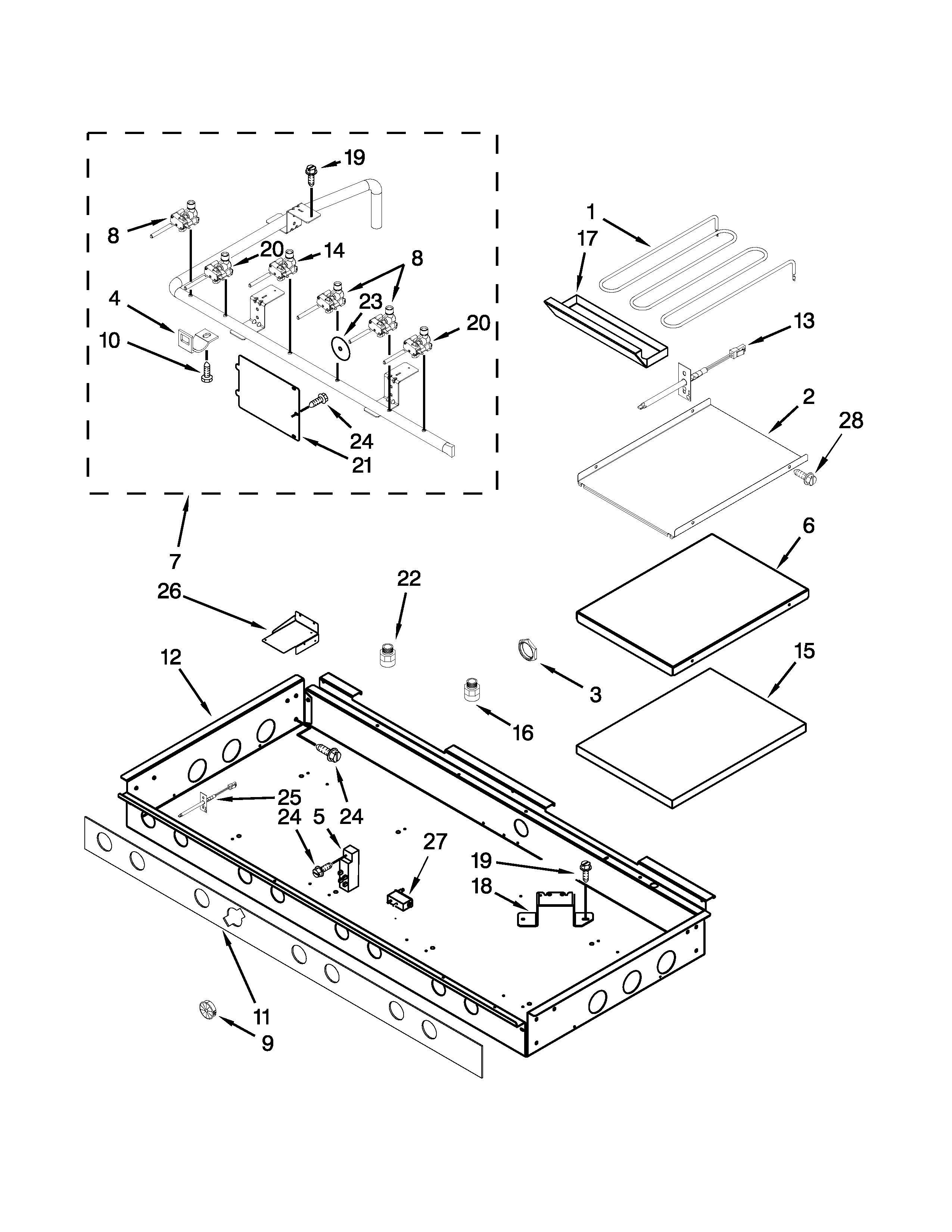Burner box, gas valves and switches