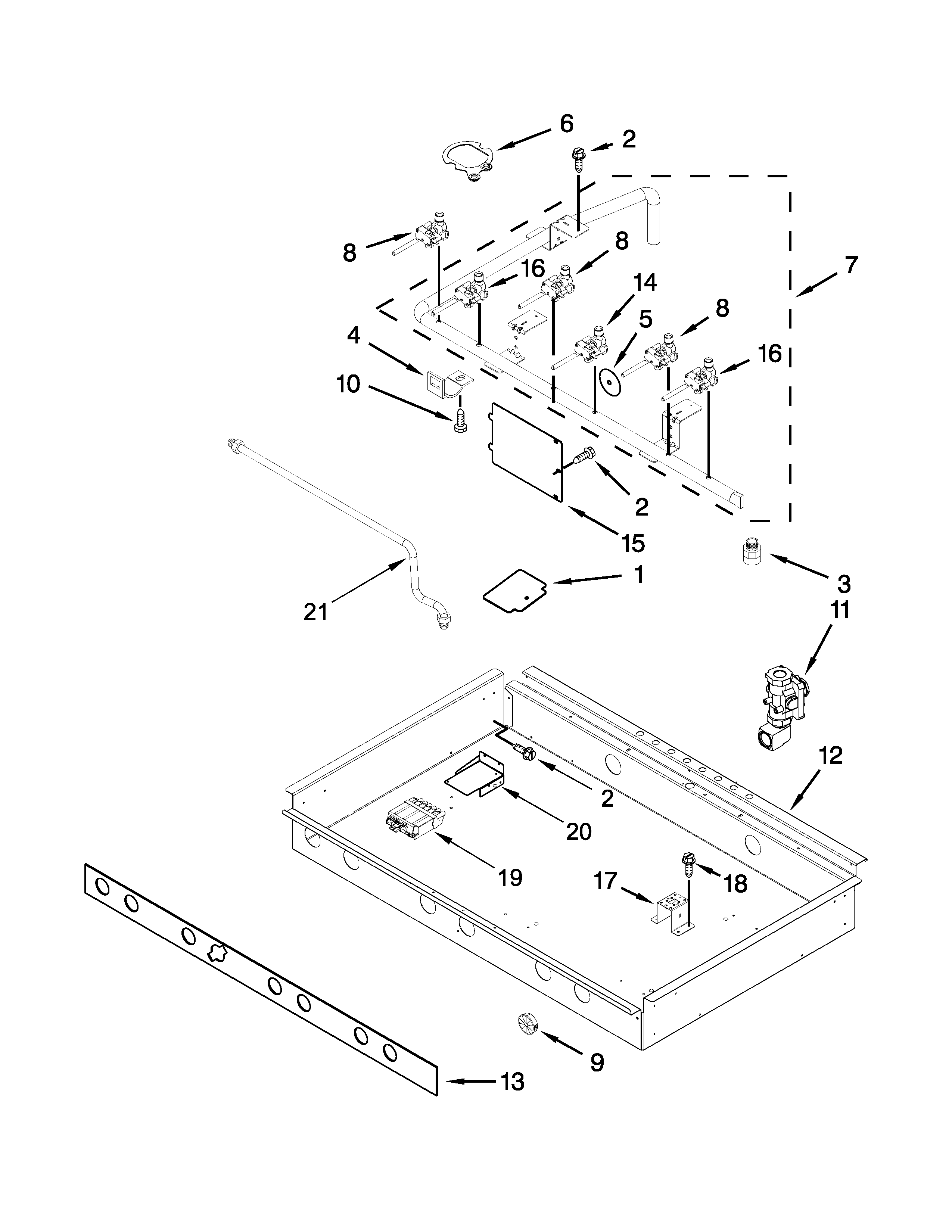 Burner box, gas valves, and switch parts