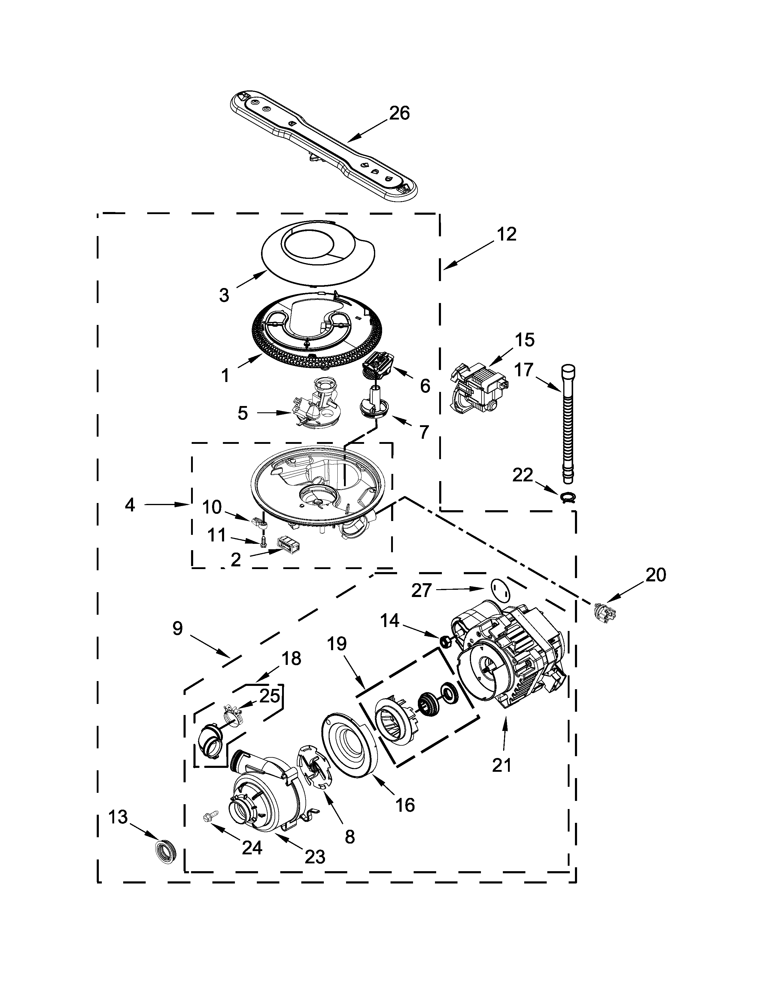 Pump, washarm and motor parts