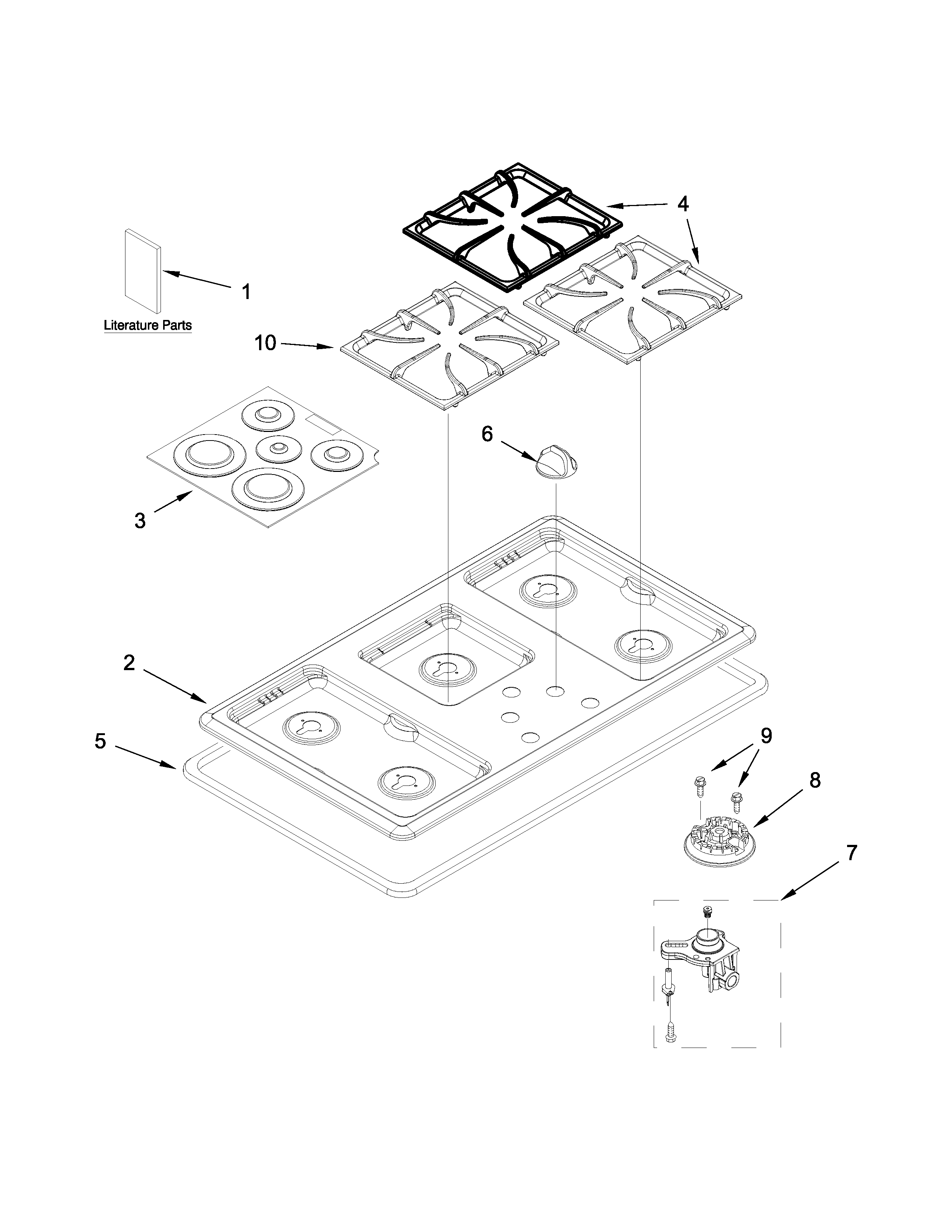 Cooktop, burner and grate parts