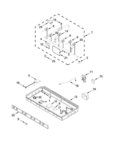 Burner box, gas valves and switches