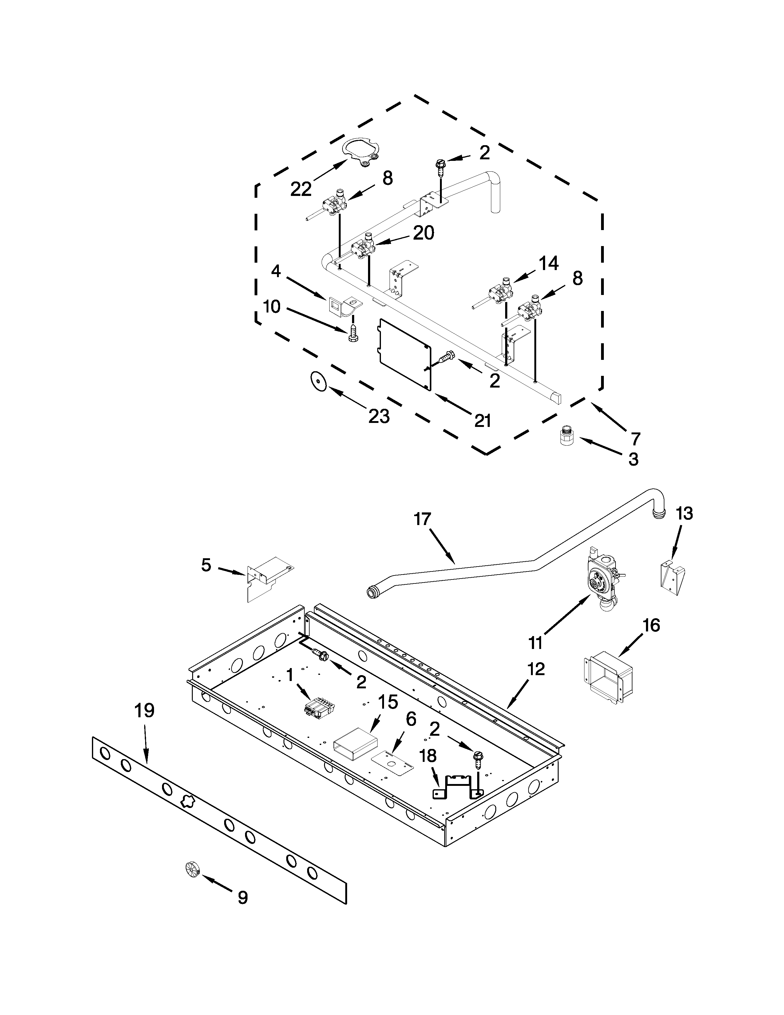 Burner box, gas valves and switches