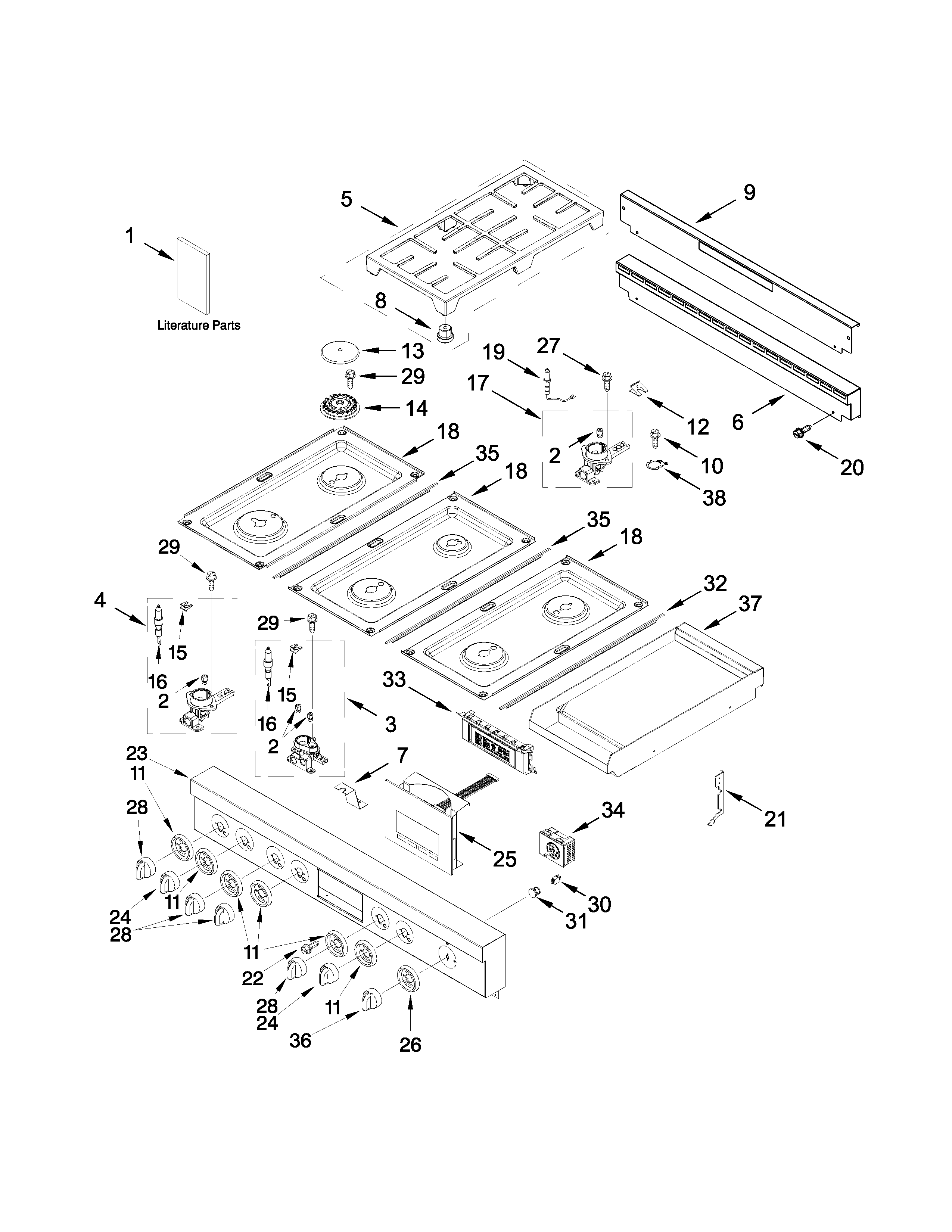 Cooktop, burner and grate parts