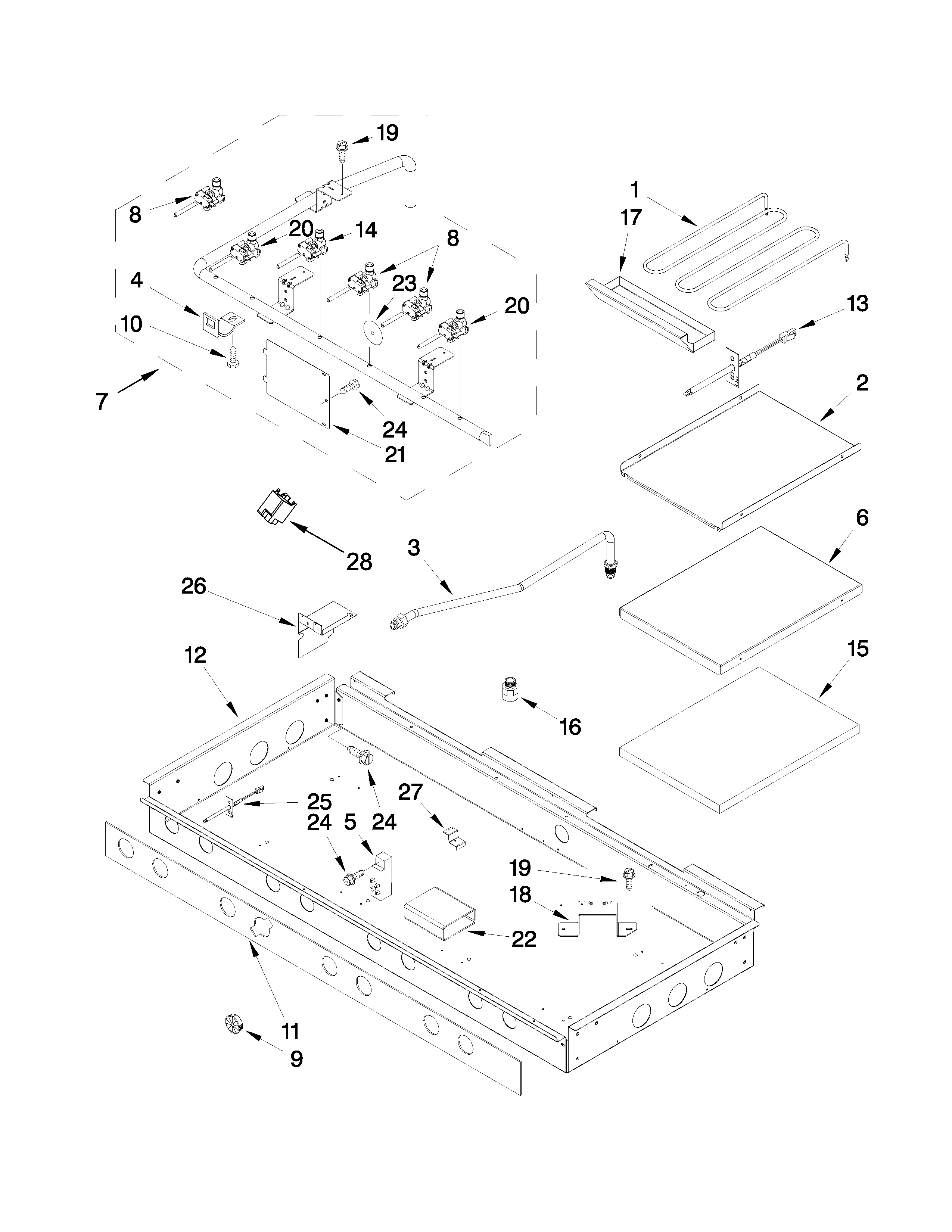Burner box, gas valves and switches