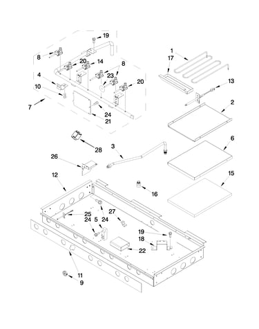Burner box, gas valves and switches