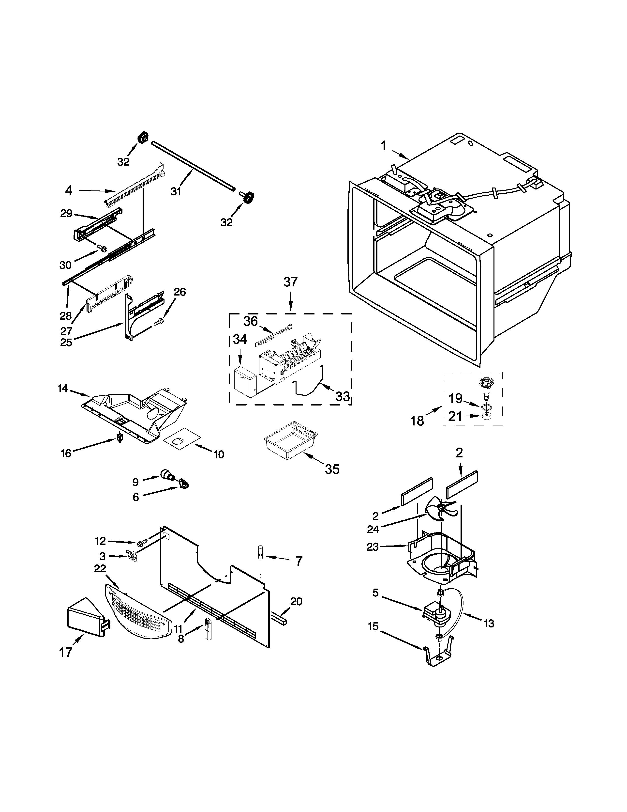 Freezer liner and icemaker parts