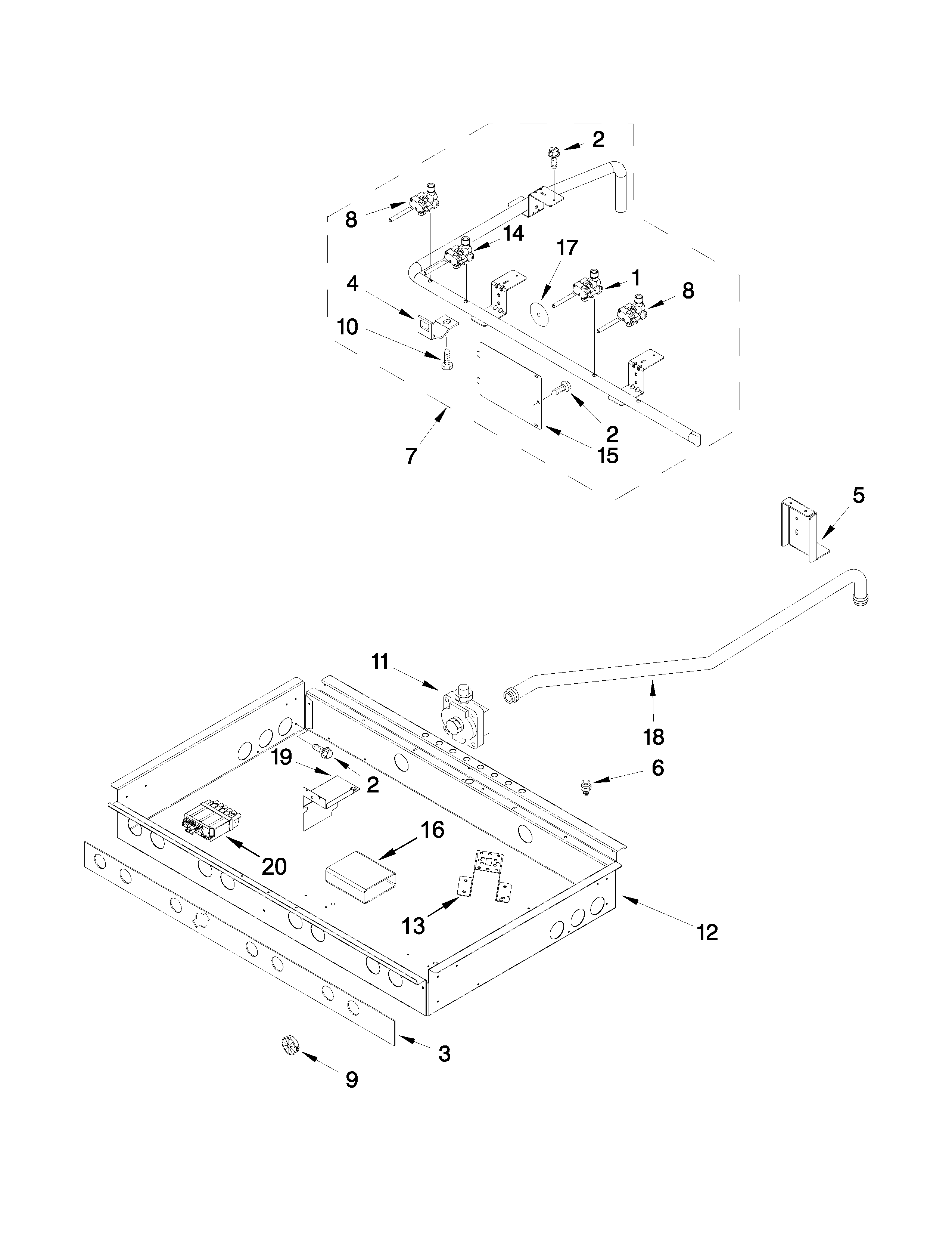 Burner box, gas valves and switches