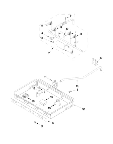 Burner box, gas valves and switches