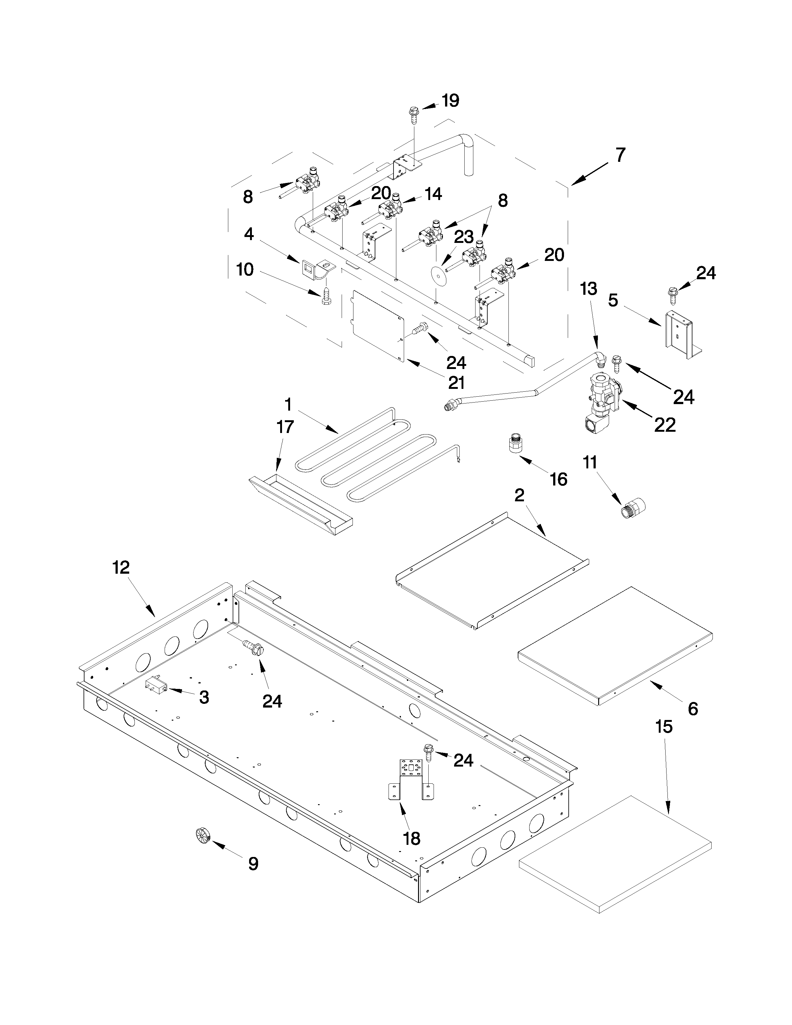 Burner box, gas valves and switches