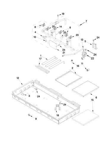 Burner box, gas valves and switches