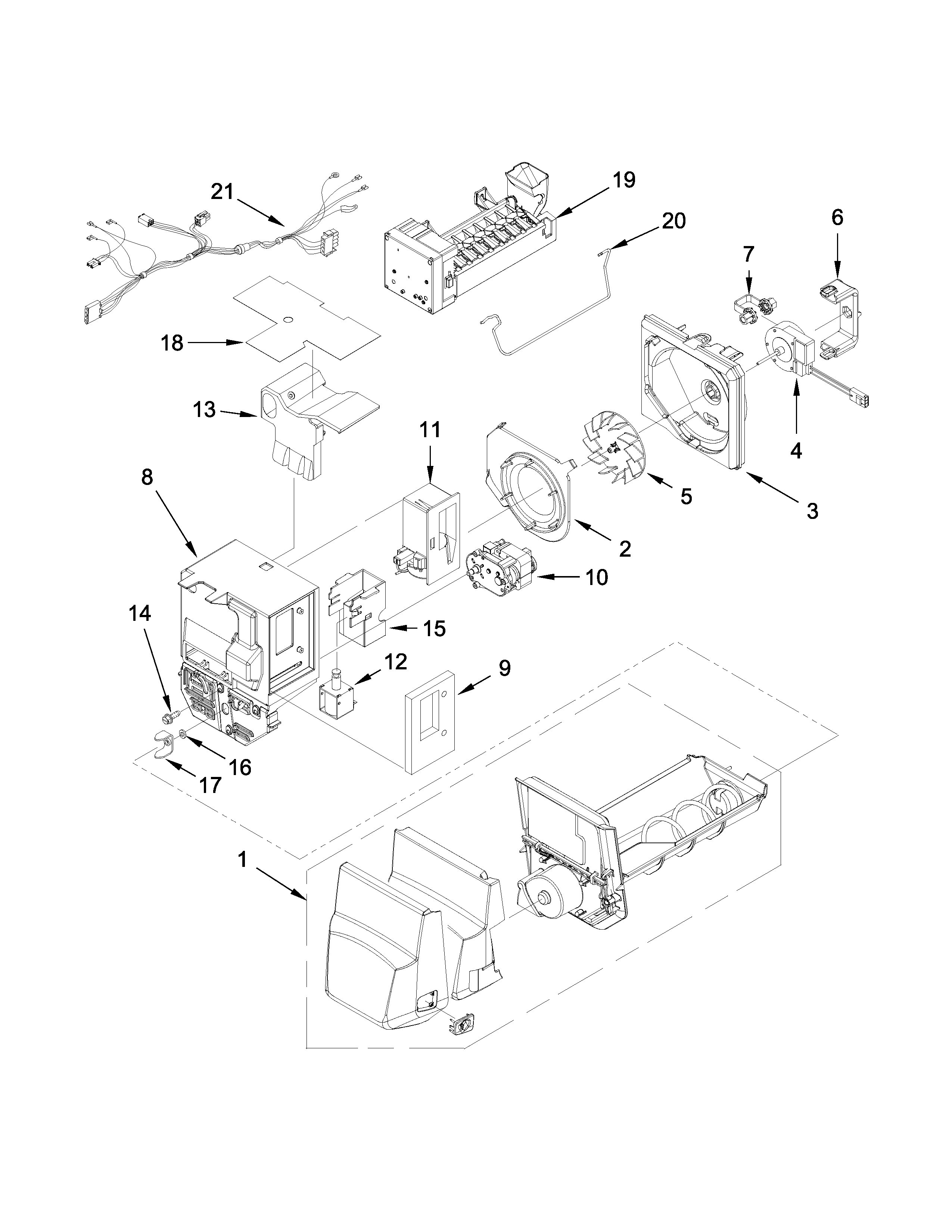 Icemaker and ice container parts