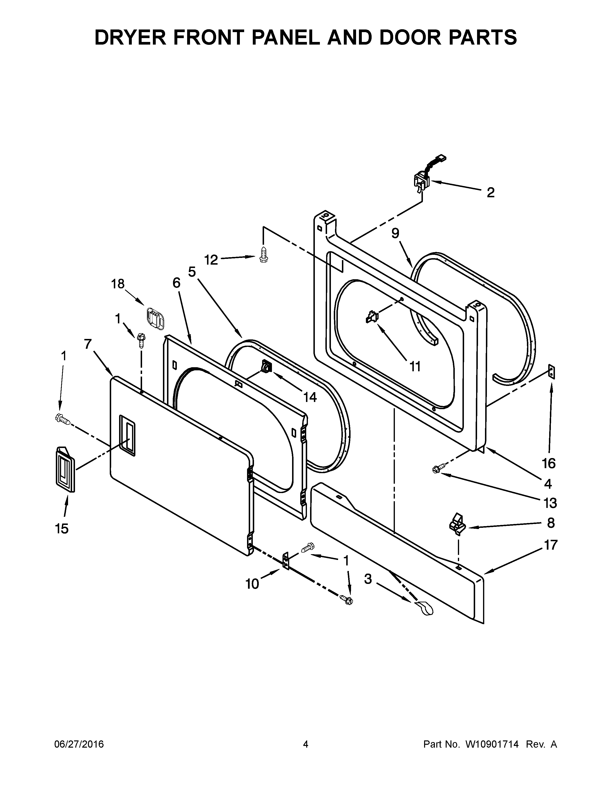 Dryer front panel and door parts