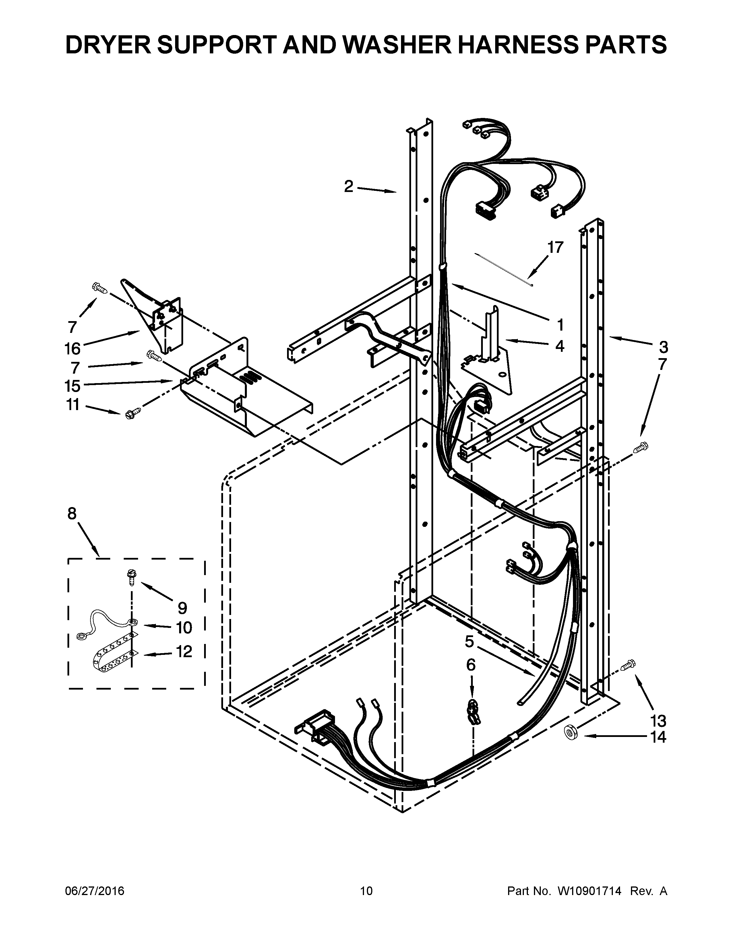 Dryer support and washer harness parts