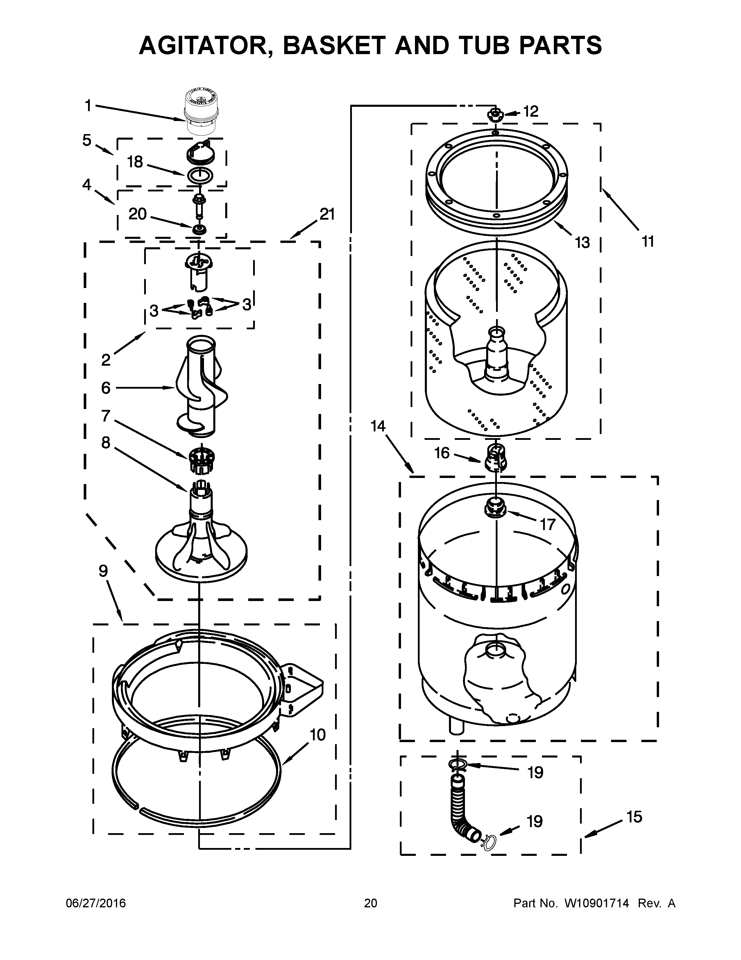 Agitator, basket and tub parts