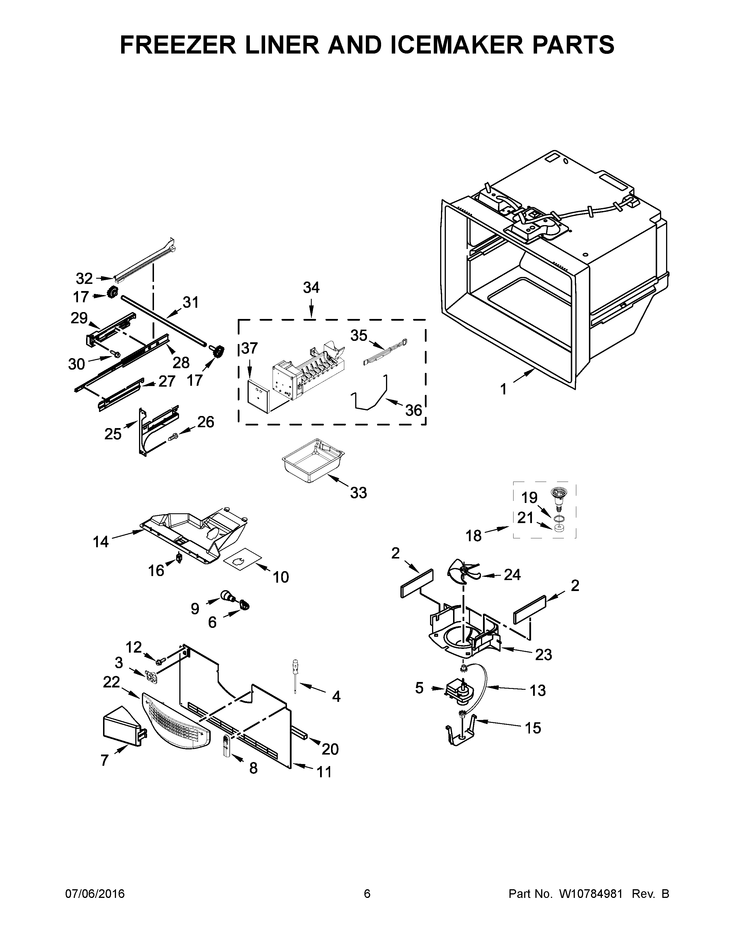 Freezer liner and icemaker parts