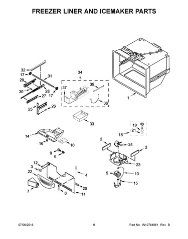Freezer liner and icemaker parts