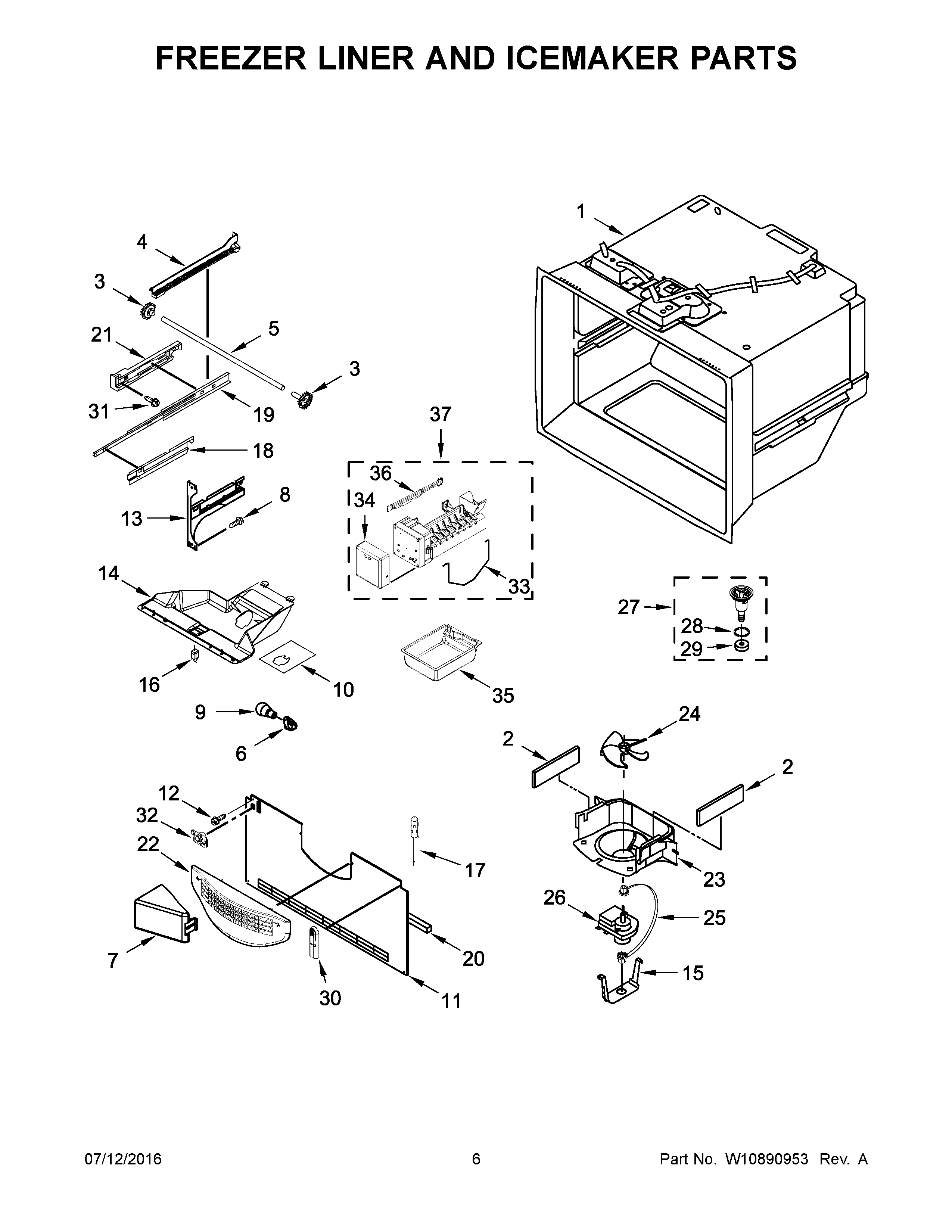 Freezer liner and icemaker parts