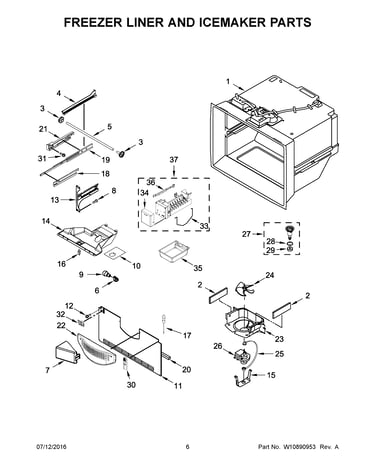Freezer liner and icemaker parts