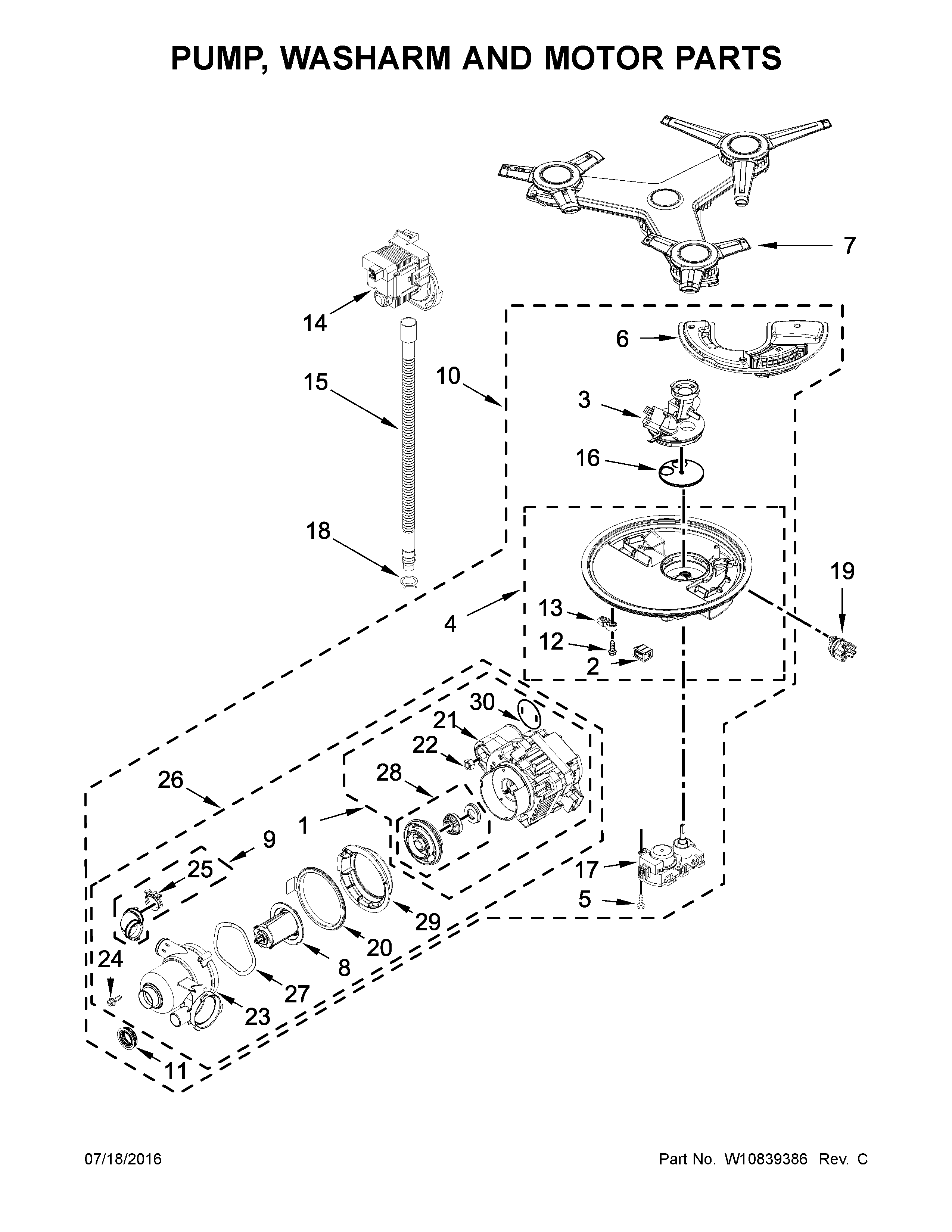 Pump, washarm and motor parts