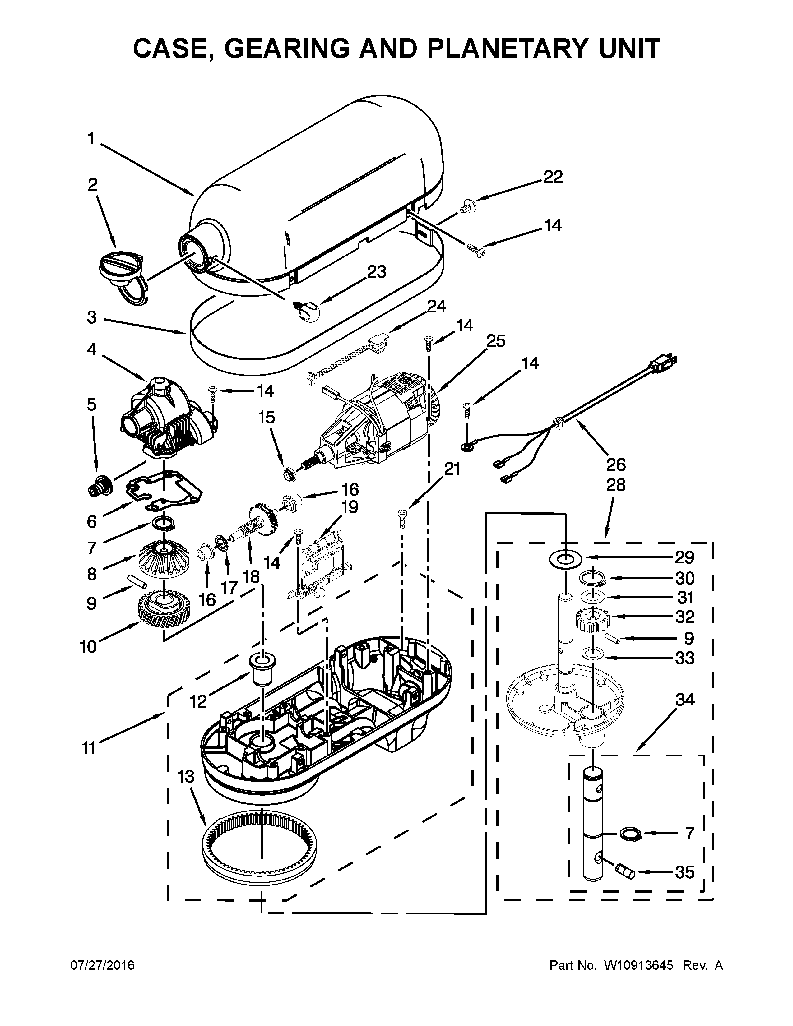 Case, gearing and planetary unit