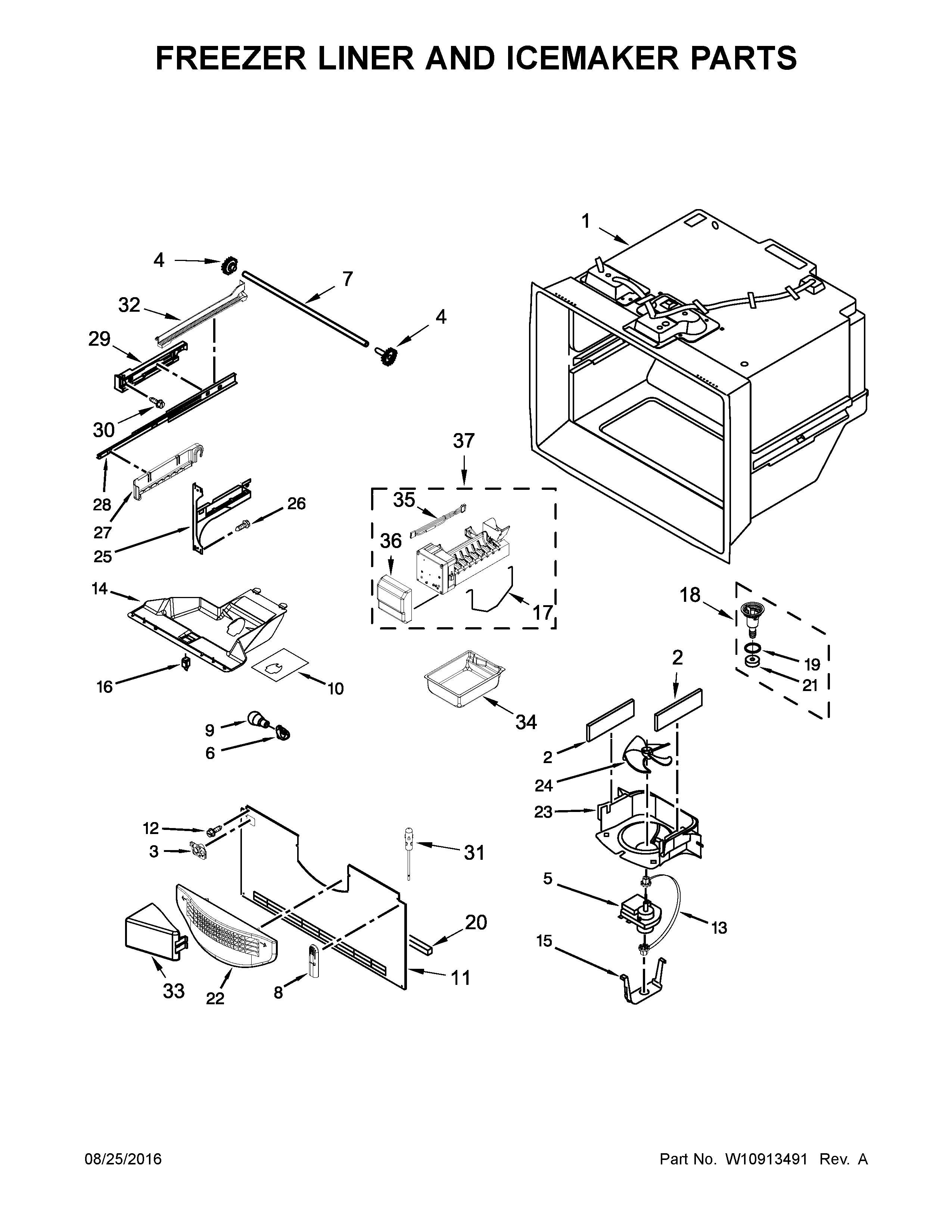 Freezer liner and icemaker parts