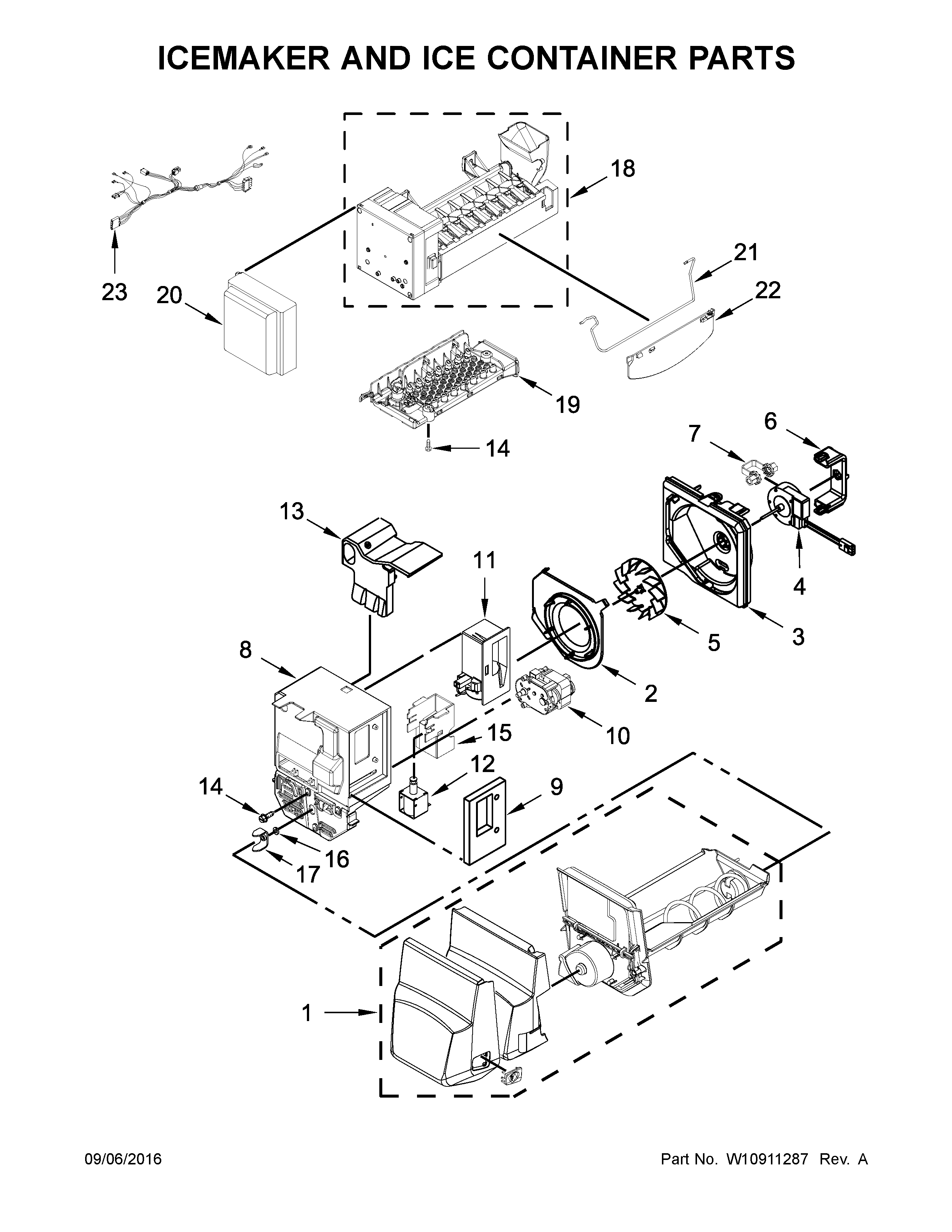 Icemaker and ice container parts