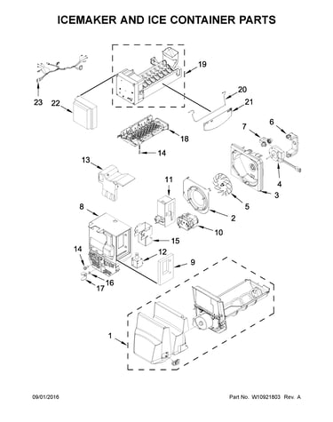 Icemaker and ice container parts