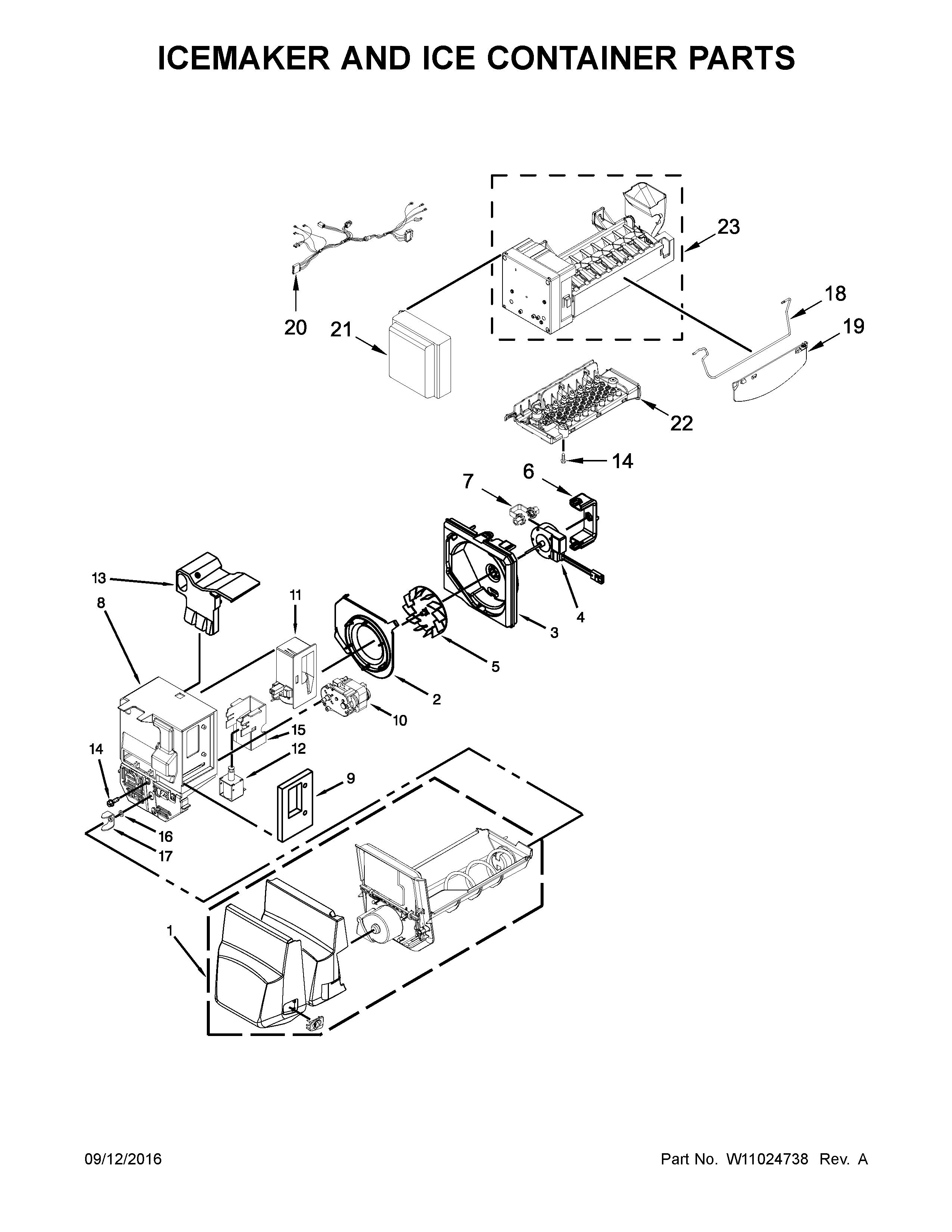Icemaker and ice container parts