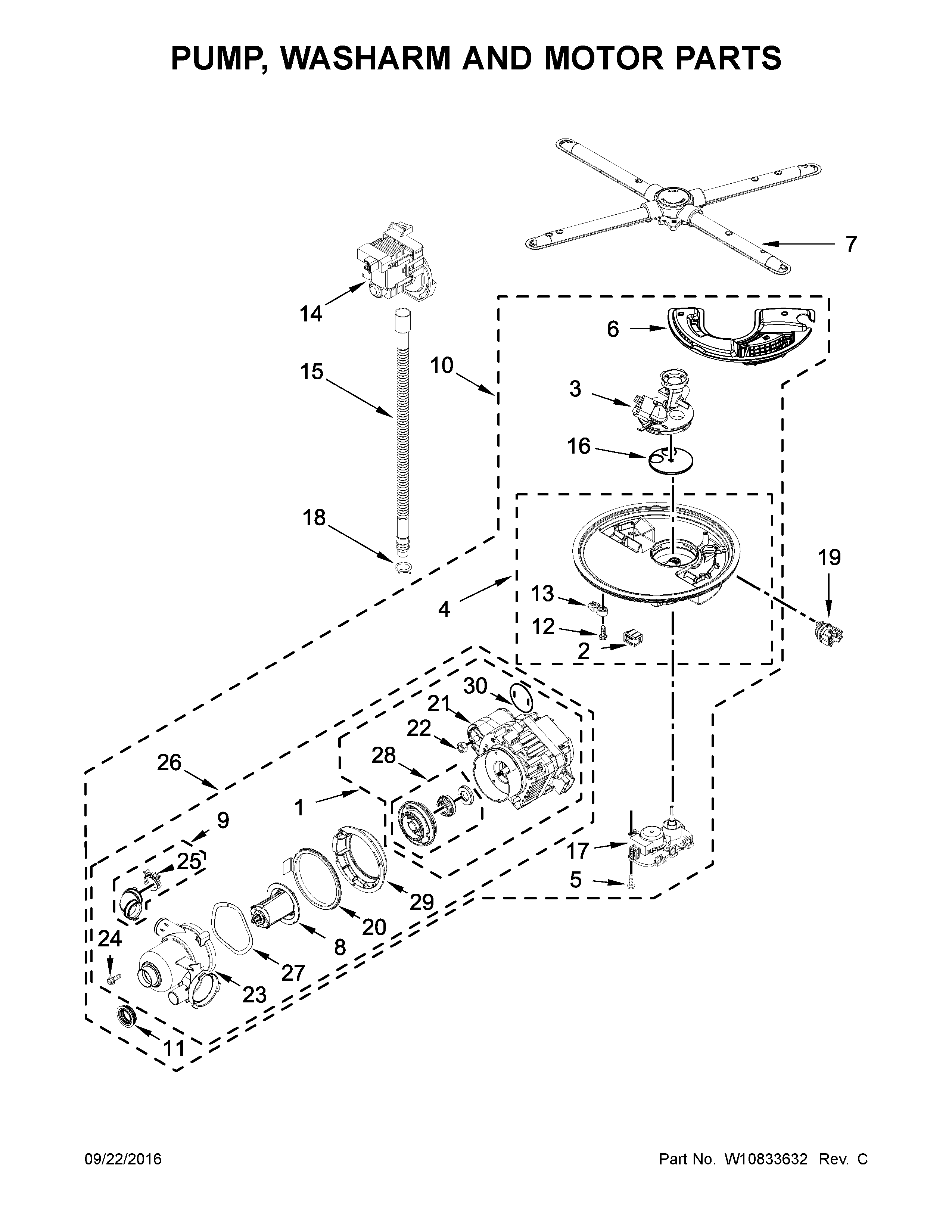 Pump, washarm and motor parts