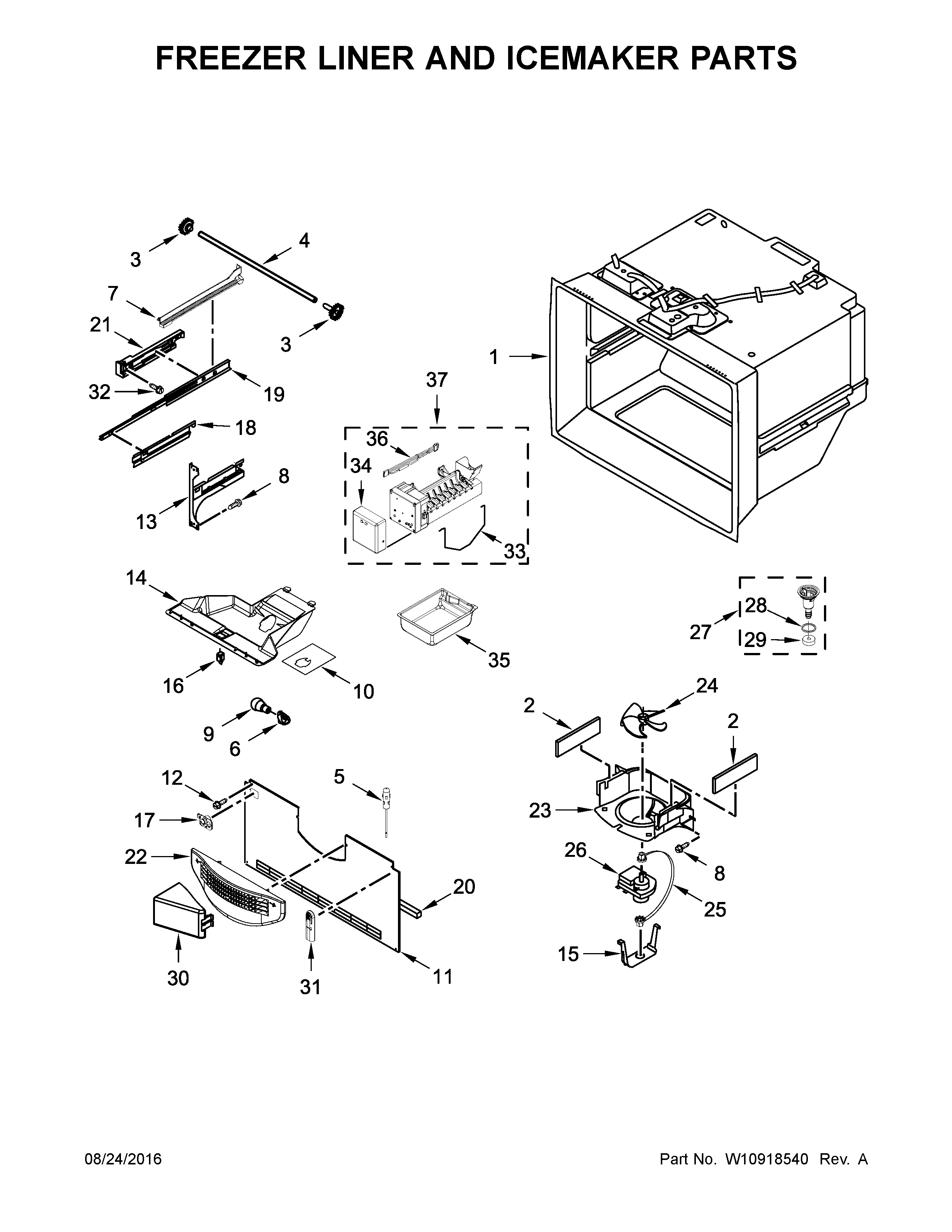 Freezer liner and icemaker parts