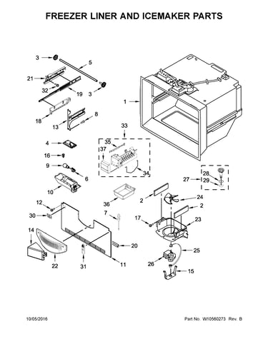 Freezer liner and icemaker parts