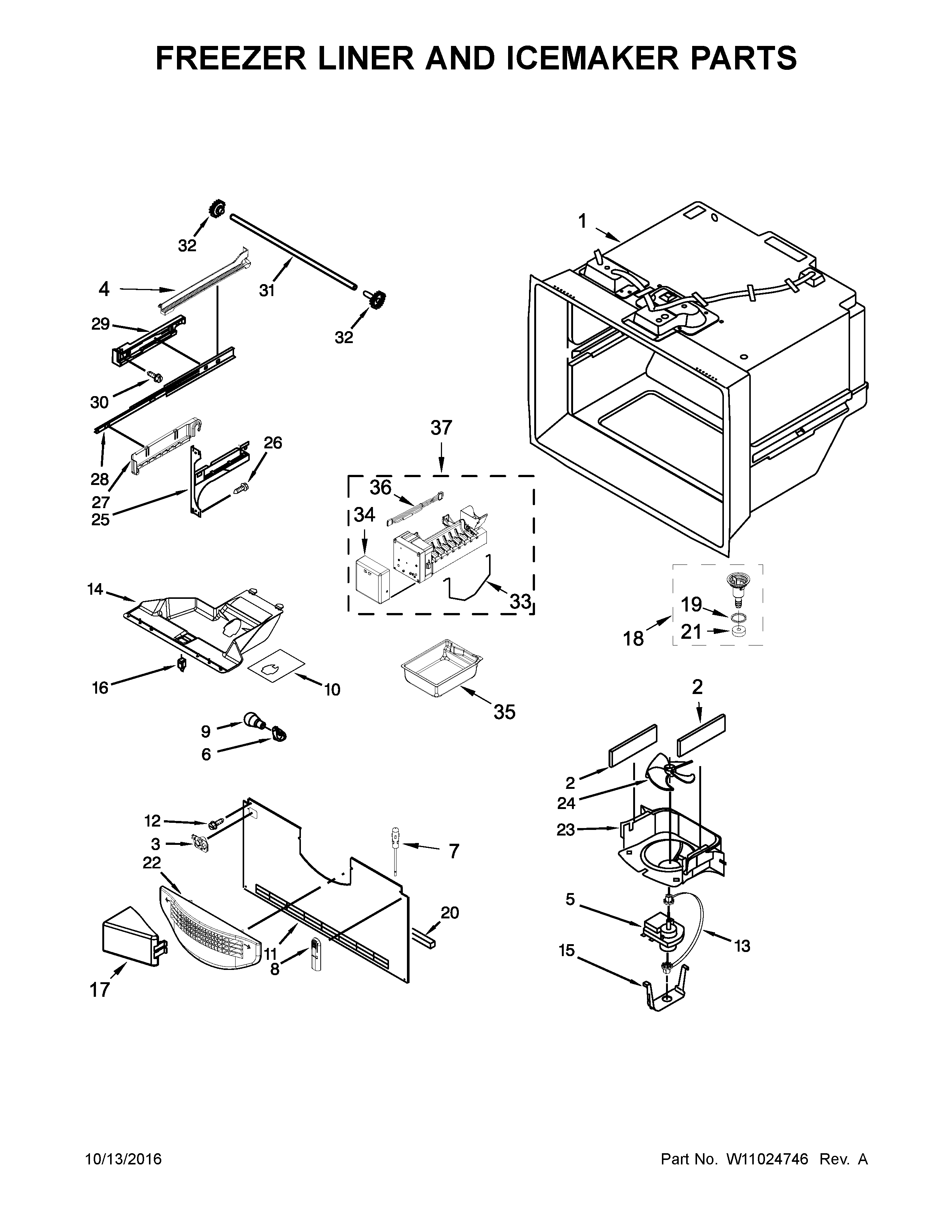 Freezer liner and icemaker parts