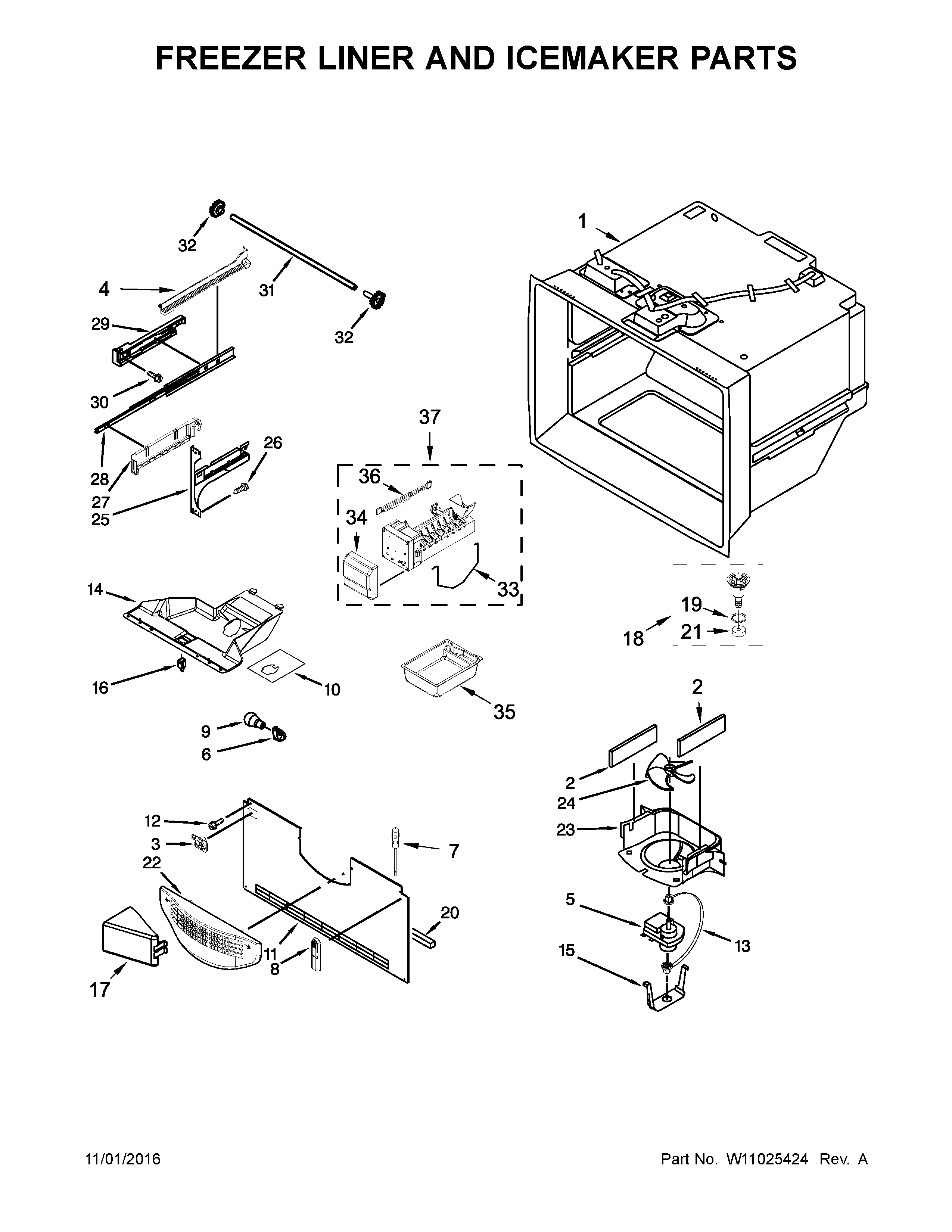 Freezer liner and icemaker parts