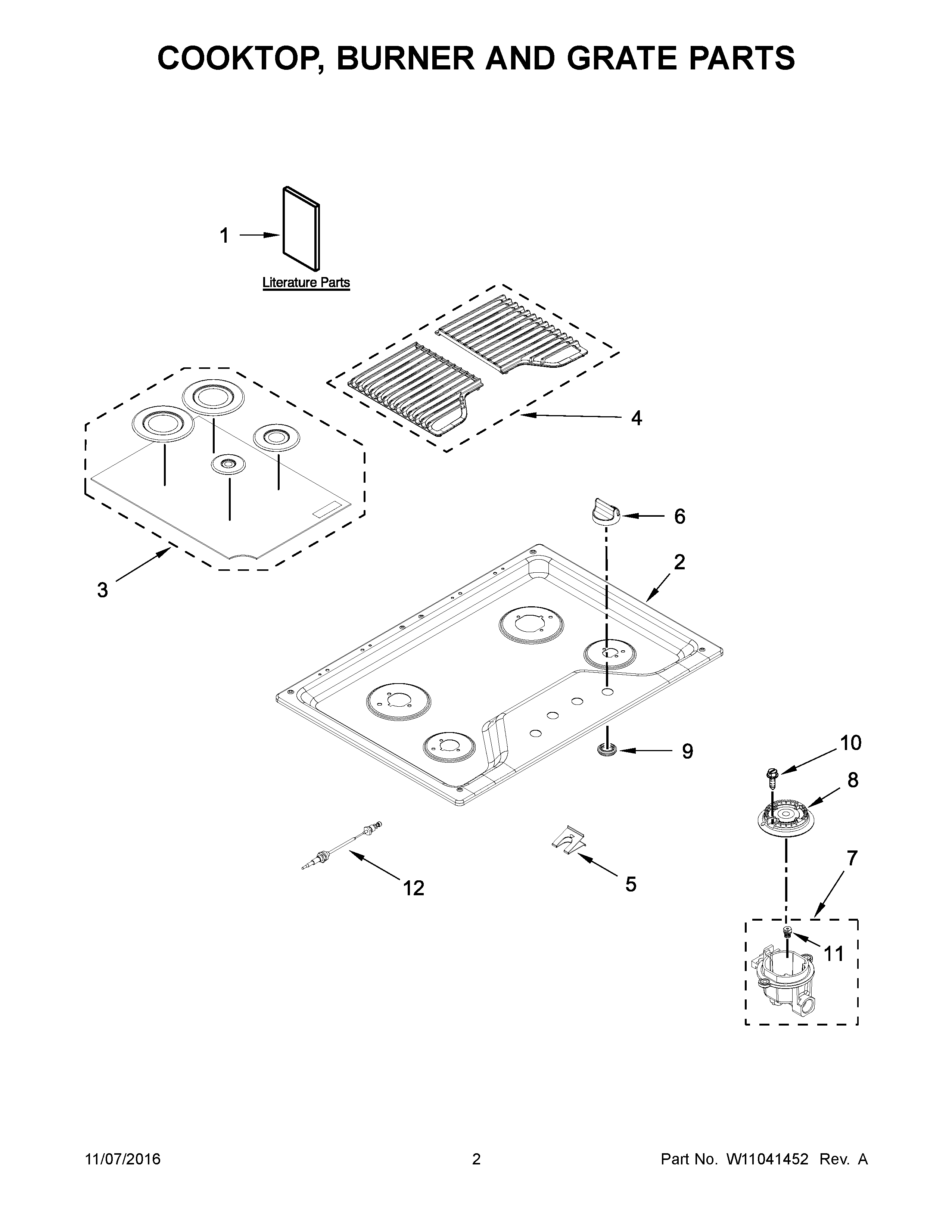 Cooktop, burner and grate parts