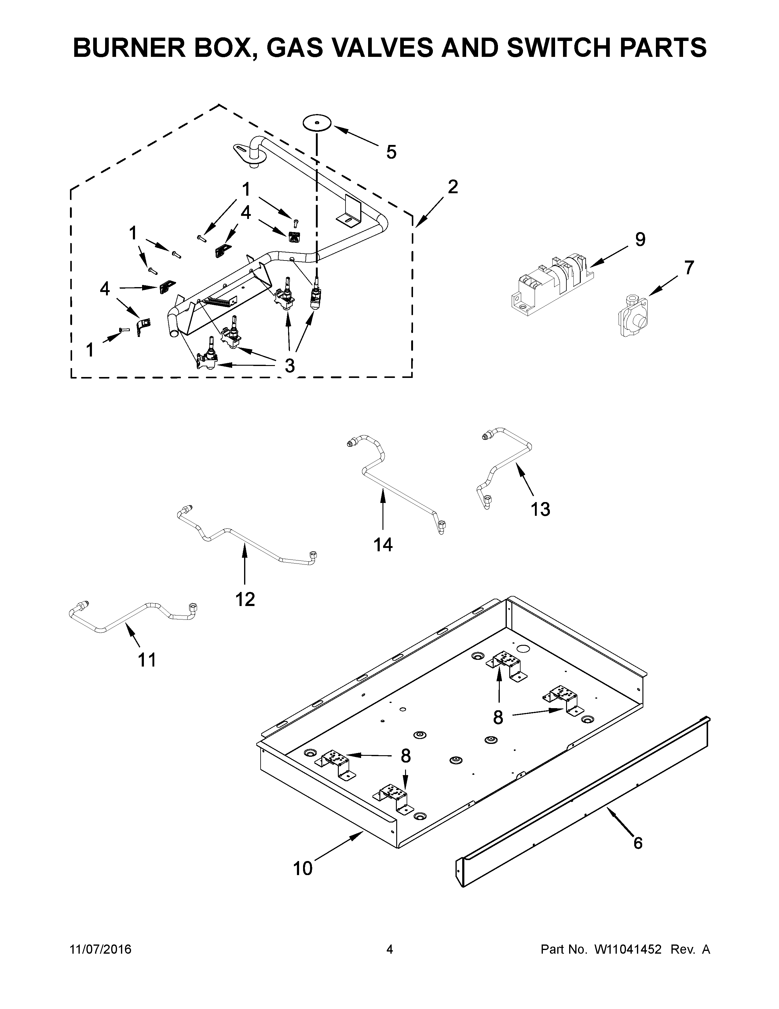 Burner box, gas valves and switch parts