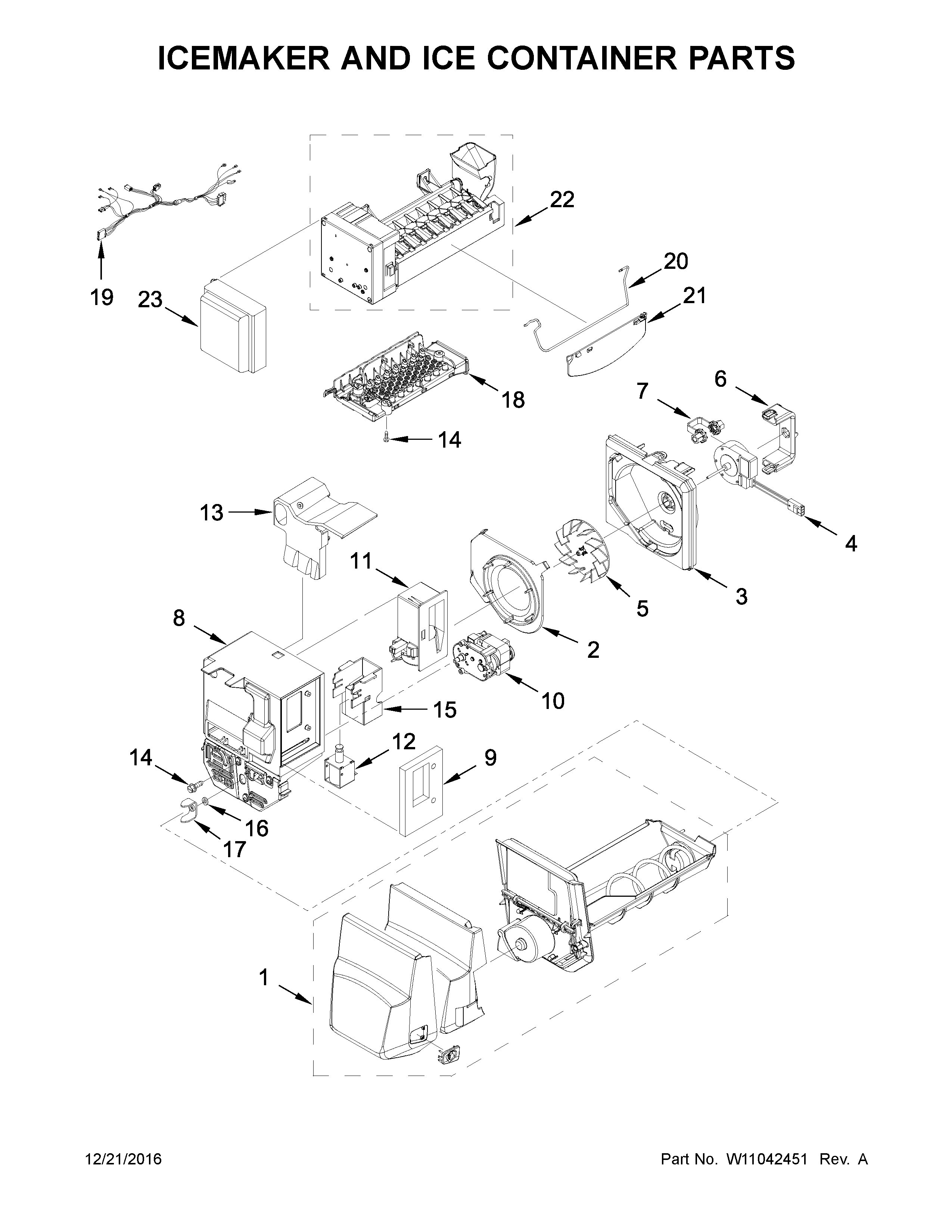 Icemaker and ice container parts