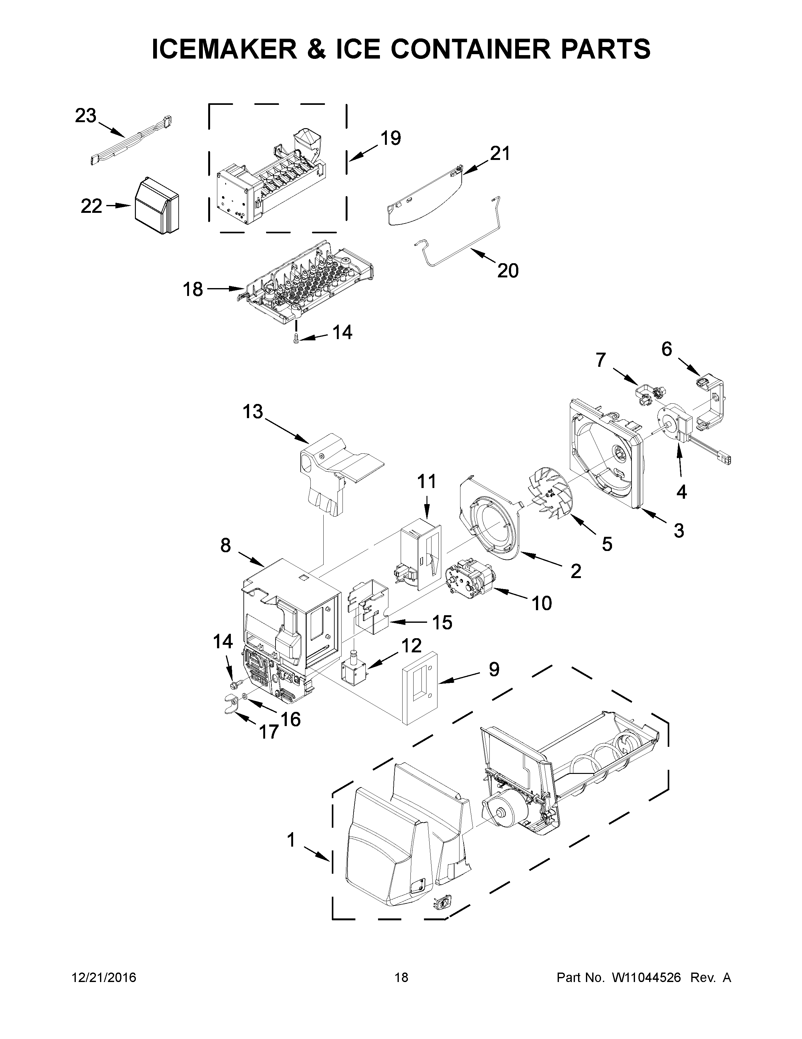 Icemaker and ice container parts
