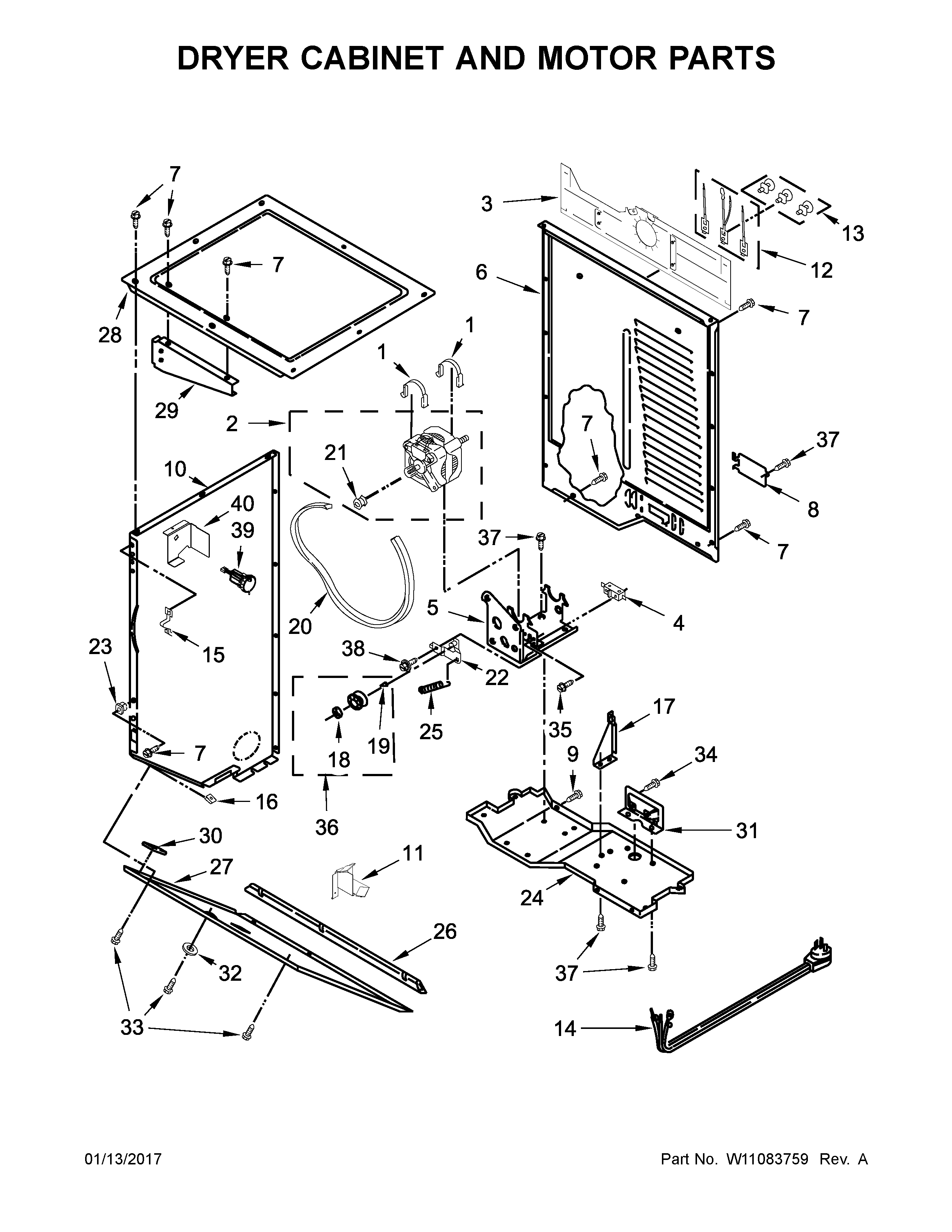 Dryer cabinet and motor parts