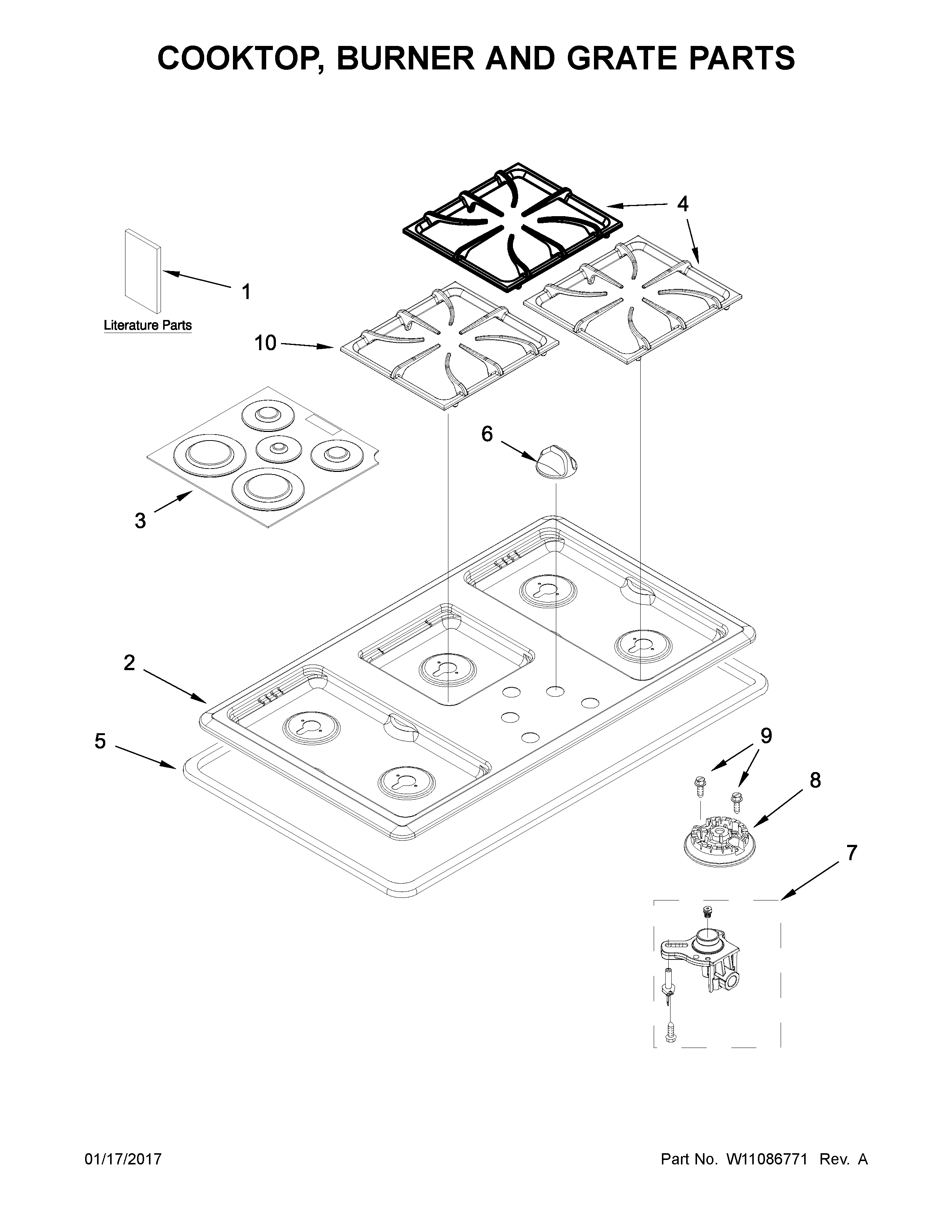 Cooktop, burner and grate parts