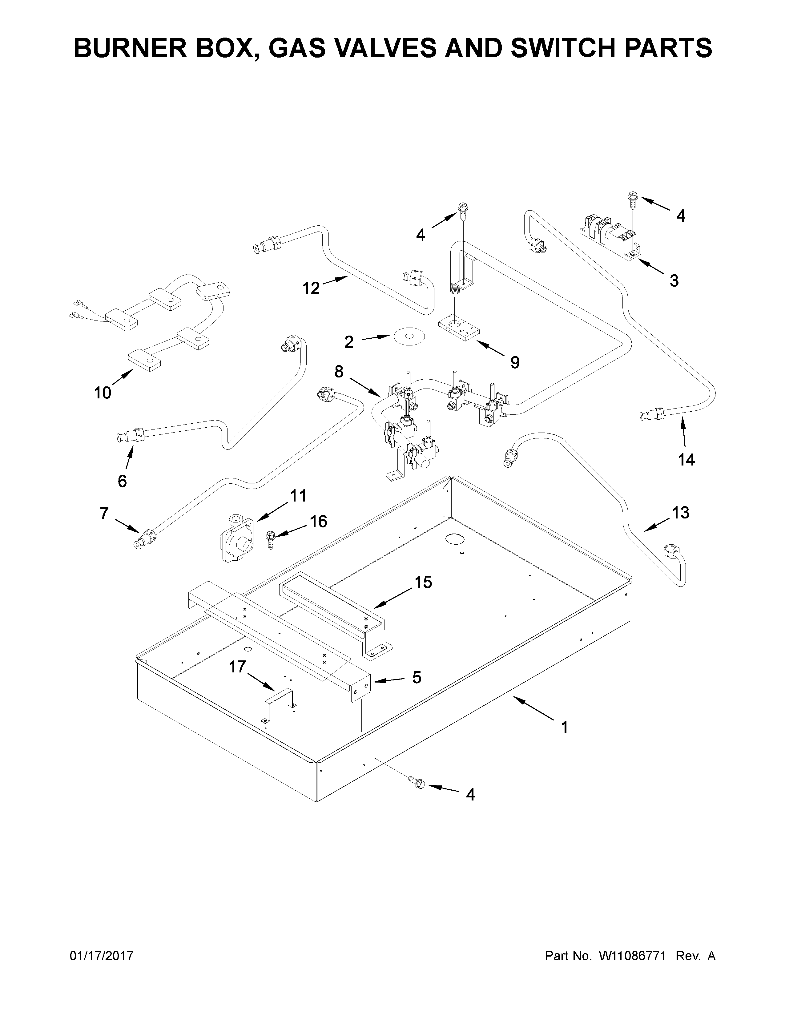 Burner box, gas valves and switch parts