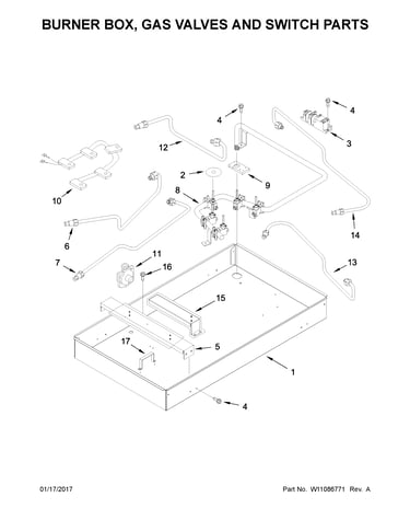 Burner box, gas valves and switch parts