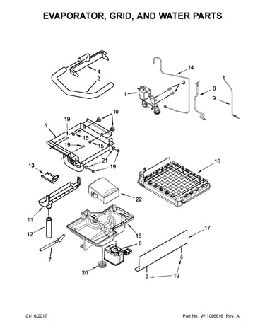 Evaporator, grid, and water parts